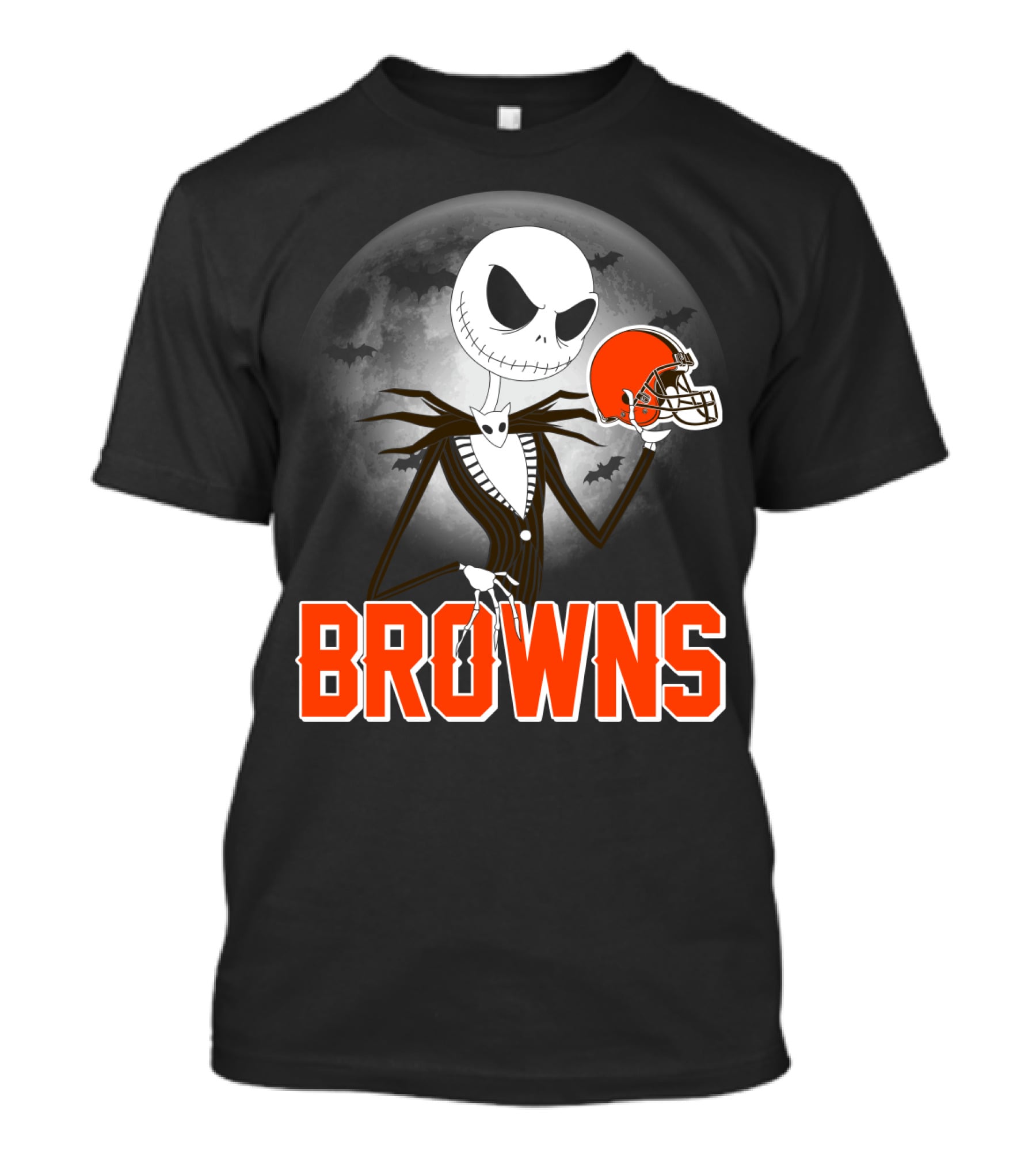 Jack Skellington Holding Cleveland Browns Helmet Halloween Moon T-Shirt