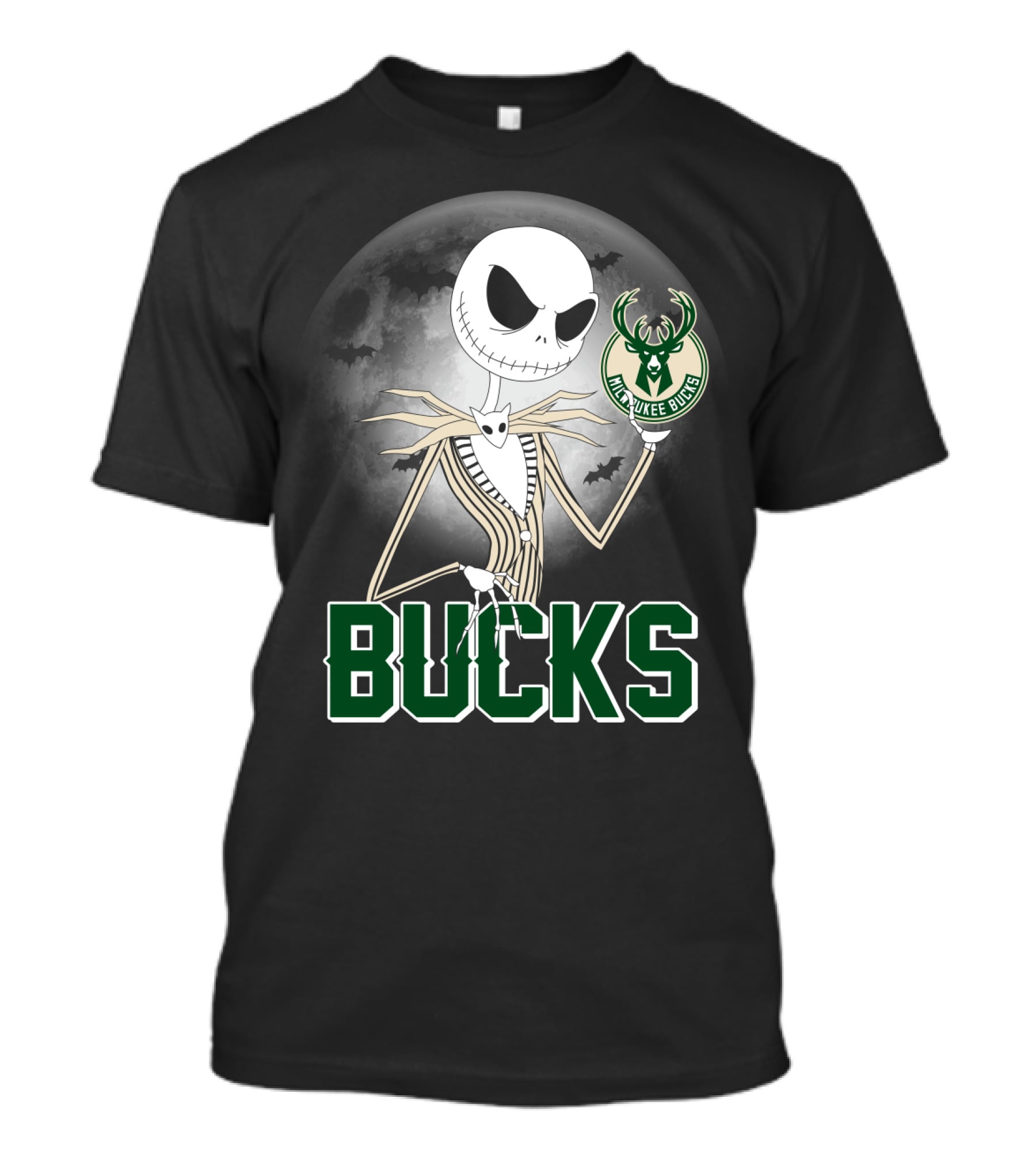 Jack Skellington Halloween Milwaukee Bucks Moon Bats T-Shirt