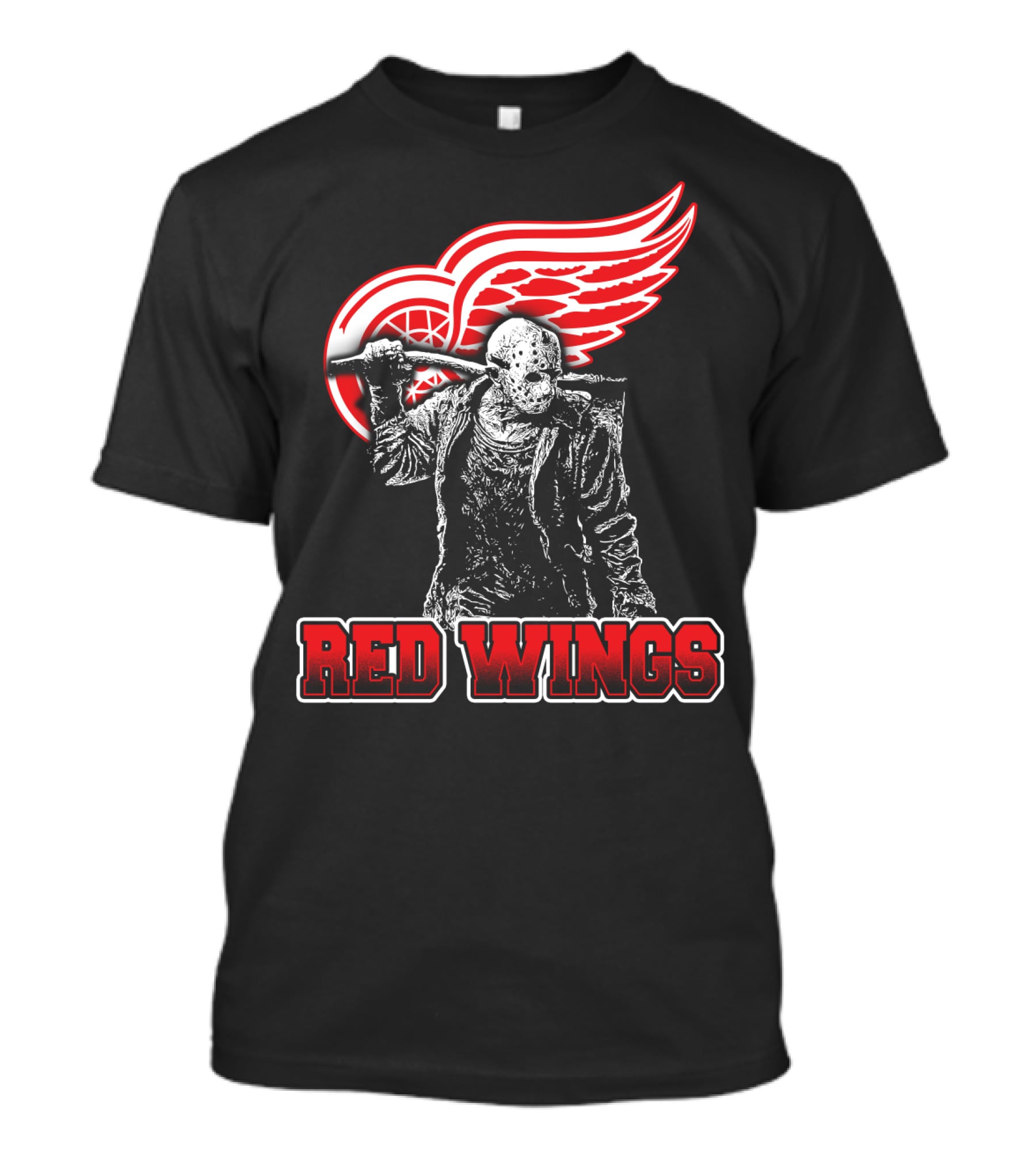 Jason Voorhees With Hockey Mask And Machete In Front Of Detroit Red Wings Logo Text Red Wings T-Shirt