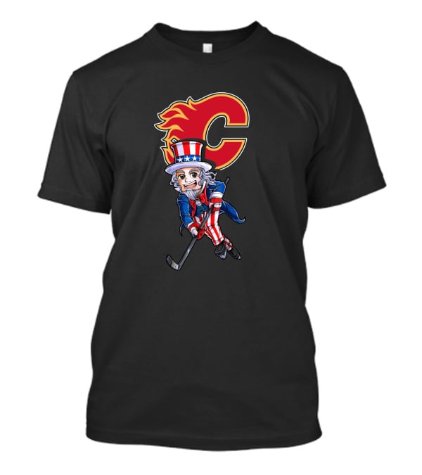 Uncle Sam Playing Hockey With Calgary Flames Emblem For 4Th Of July Celebration T-Shirt