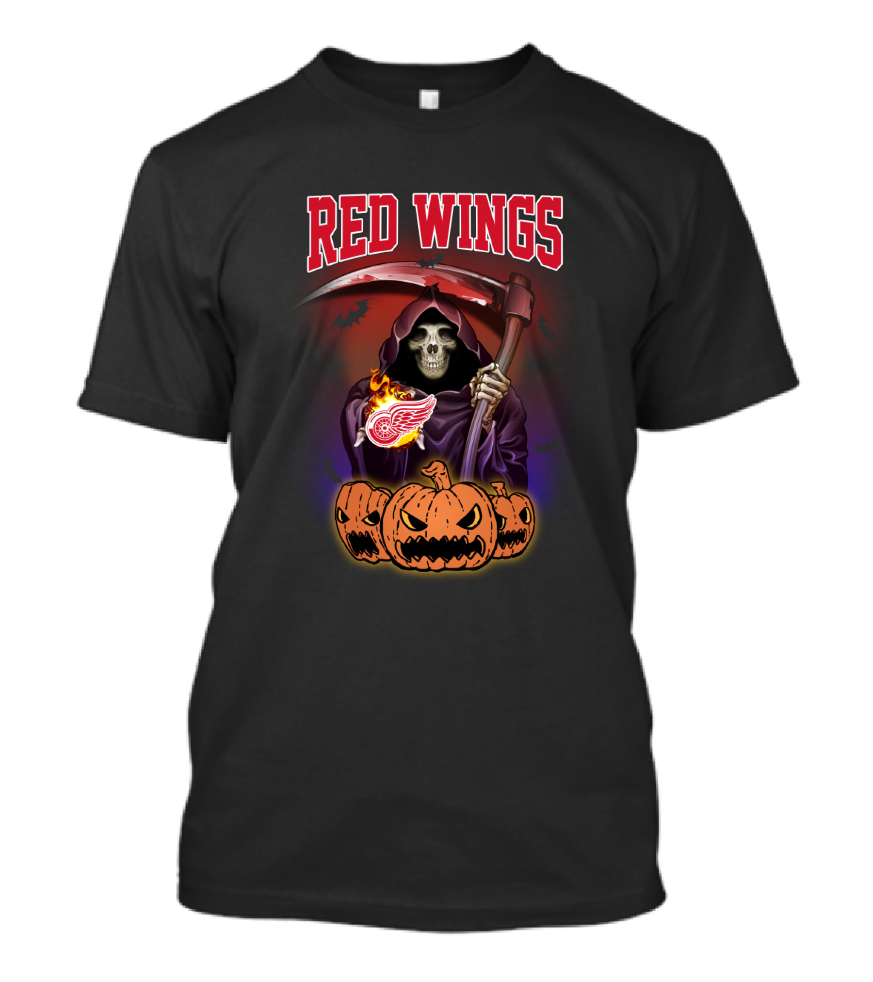 Red Wings Reaper Holding Scythe With Halloween Pumpkins And Detroit T-Shirt