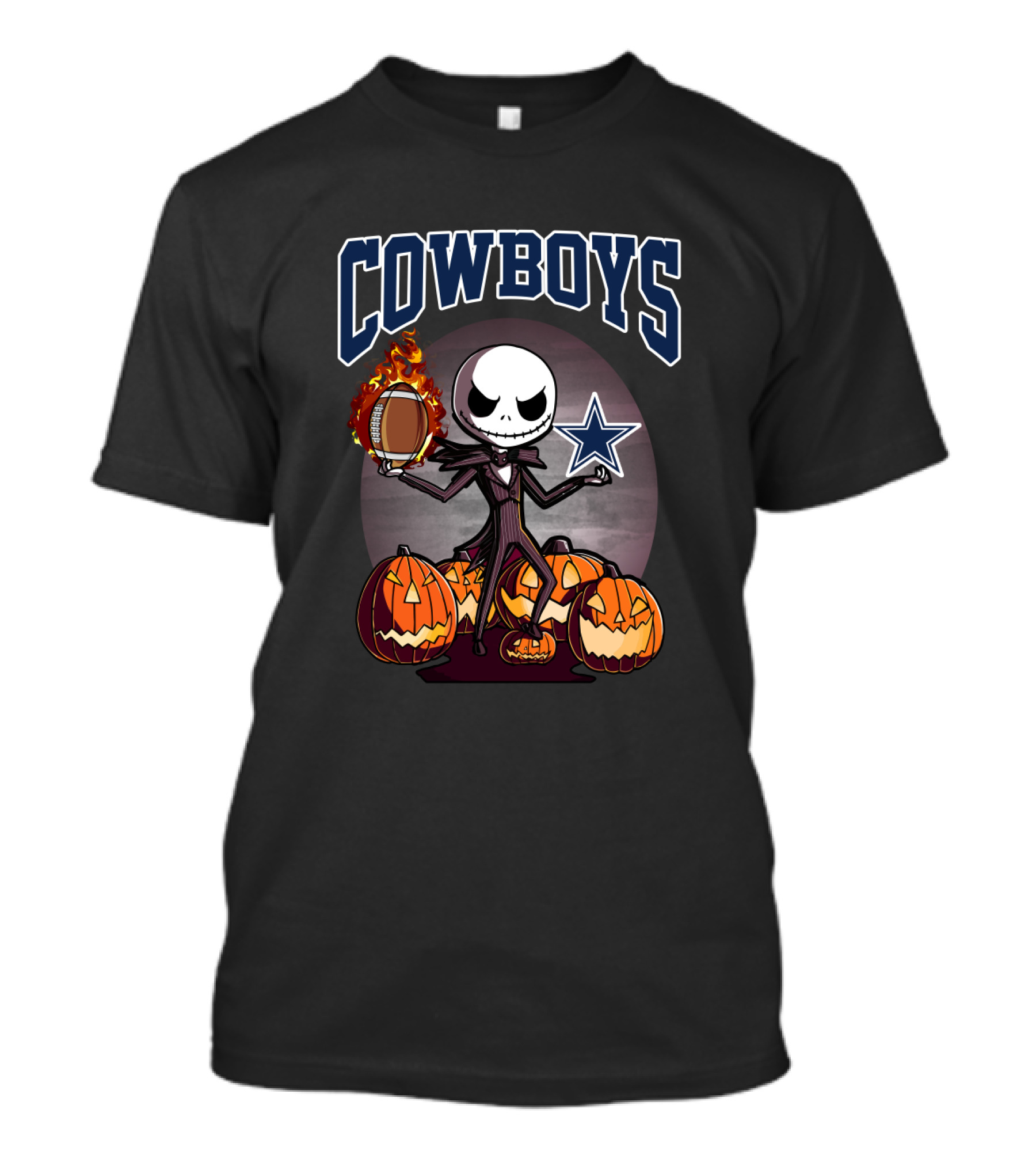 Jack Skellington Holding Flaming Football Surrounded By Pumpkins Dallas Cowboys T-Shirt