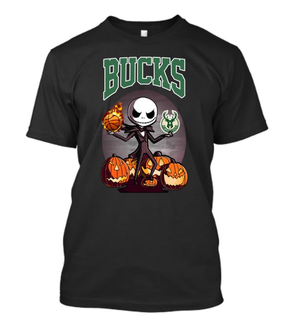 Bucks Jack Skellington Holding Flaming Basketball And Milwaukee Bucks Logo With Halloween Pumpkins T-Shirt