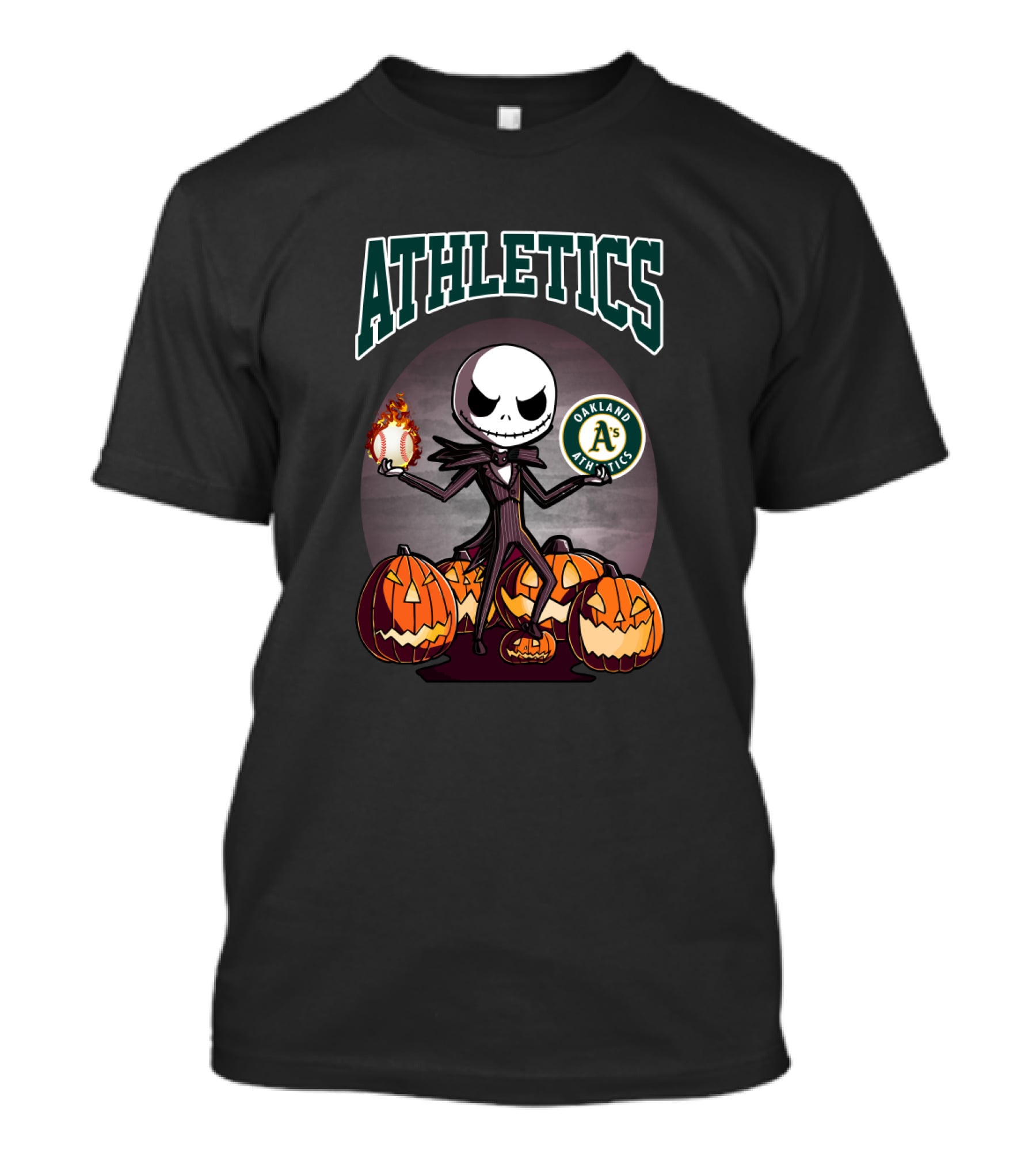 Athletics Jack Skellington With Oakland A's Logo And Halloween Pumpkins T-Shirt