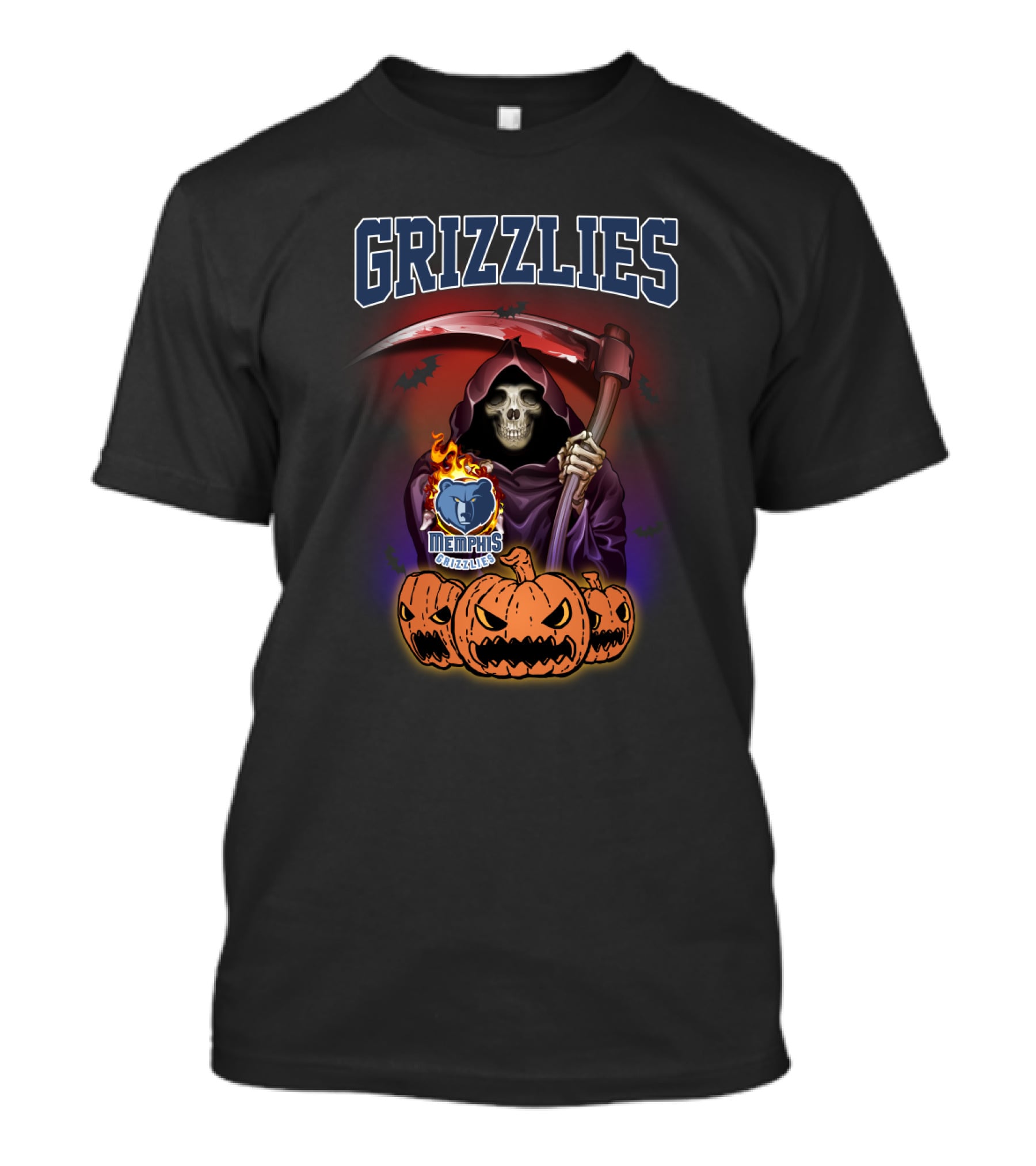 Grizzlies Halloween Reaper With Scythe And Memphis Grizzlies Logo Surrounded By Pumpkins T-Shirt