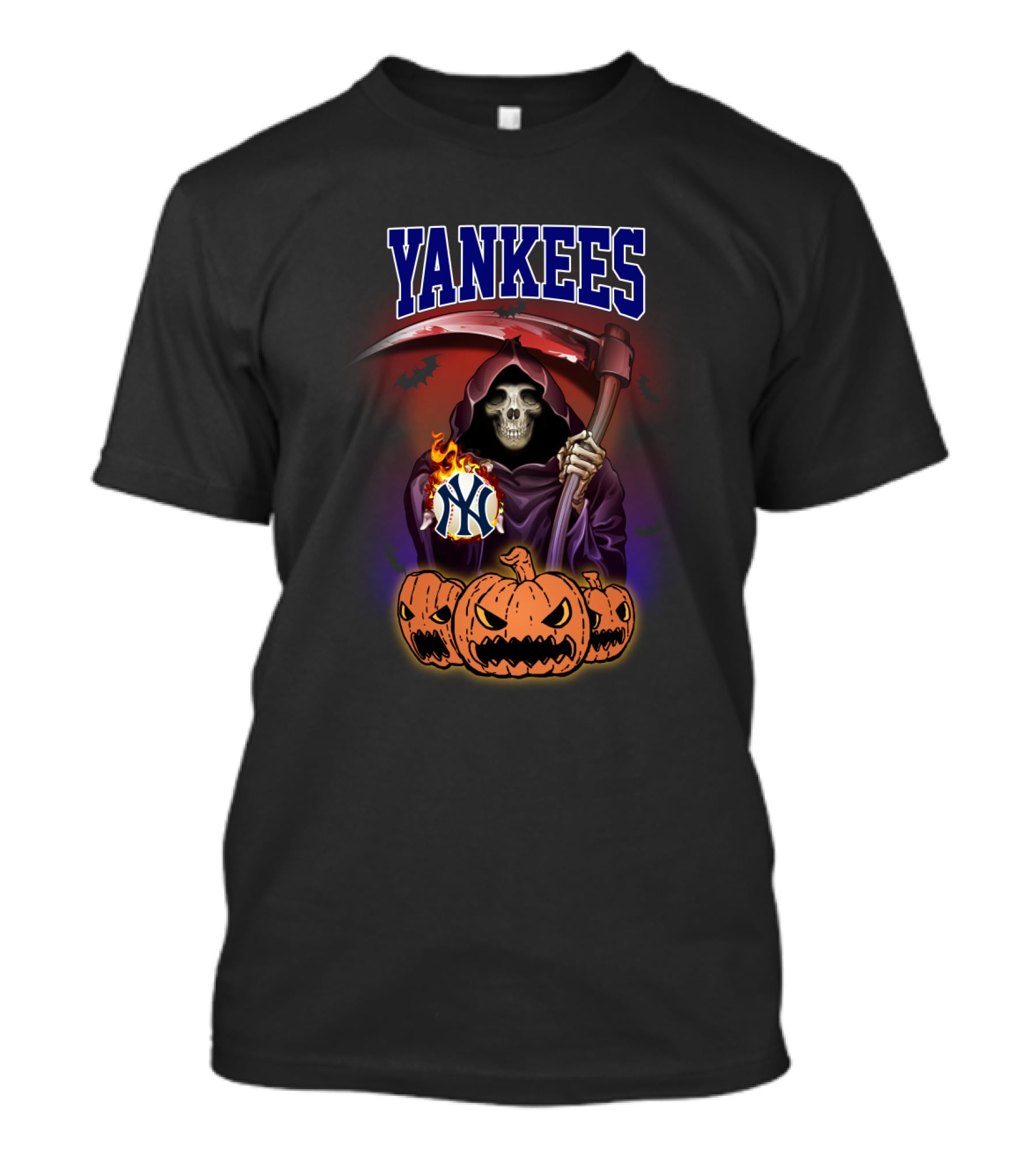 Yankees Reaper Holding Baseball With Pumpkins And Scythe T-Shirt