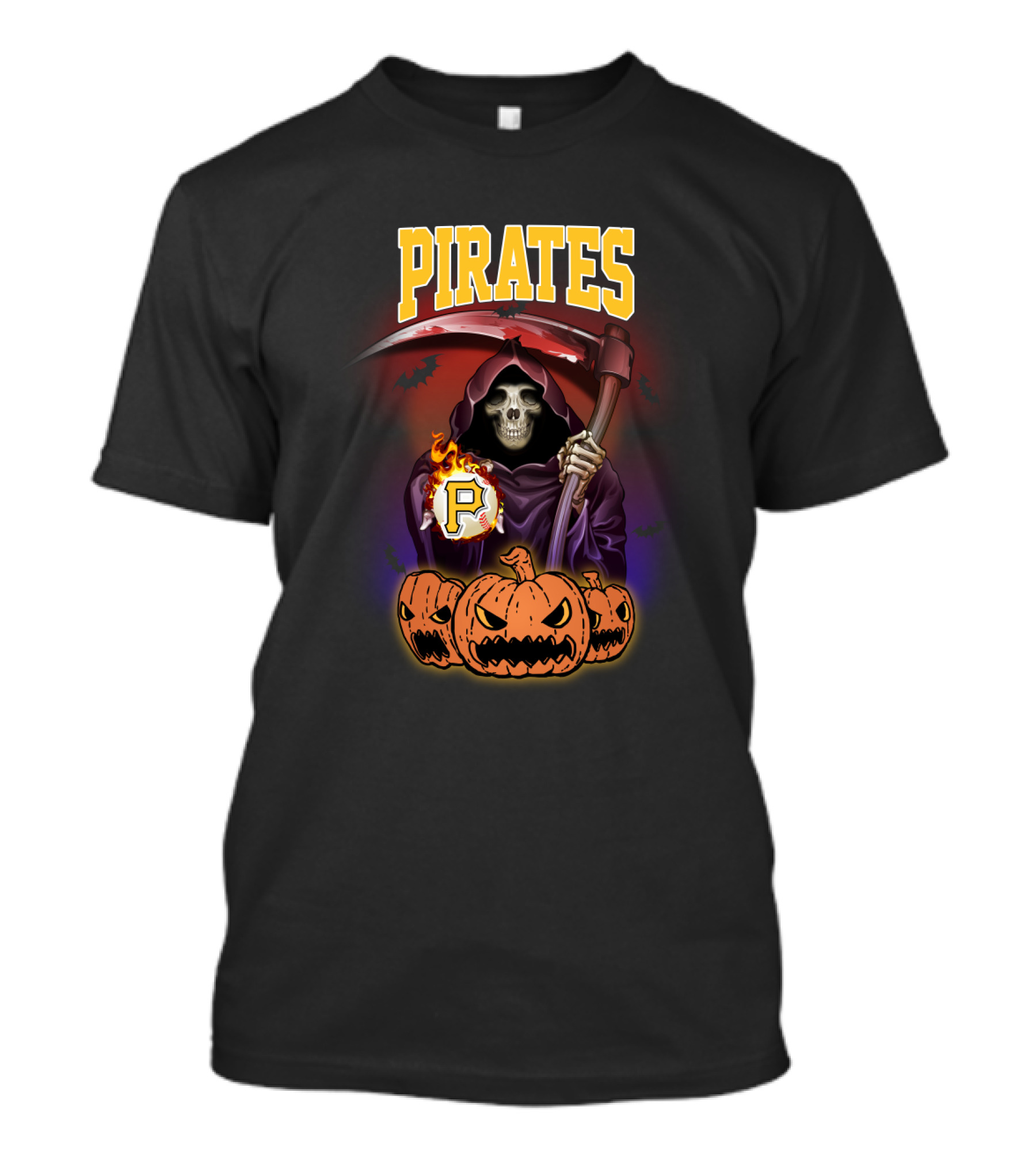 Pittsburgh Pirates Reaper With Scythe And Flaming Baseball Surrounded By Pumpkins Halloween T-Shirt