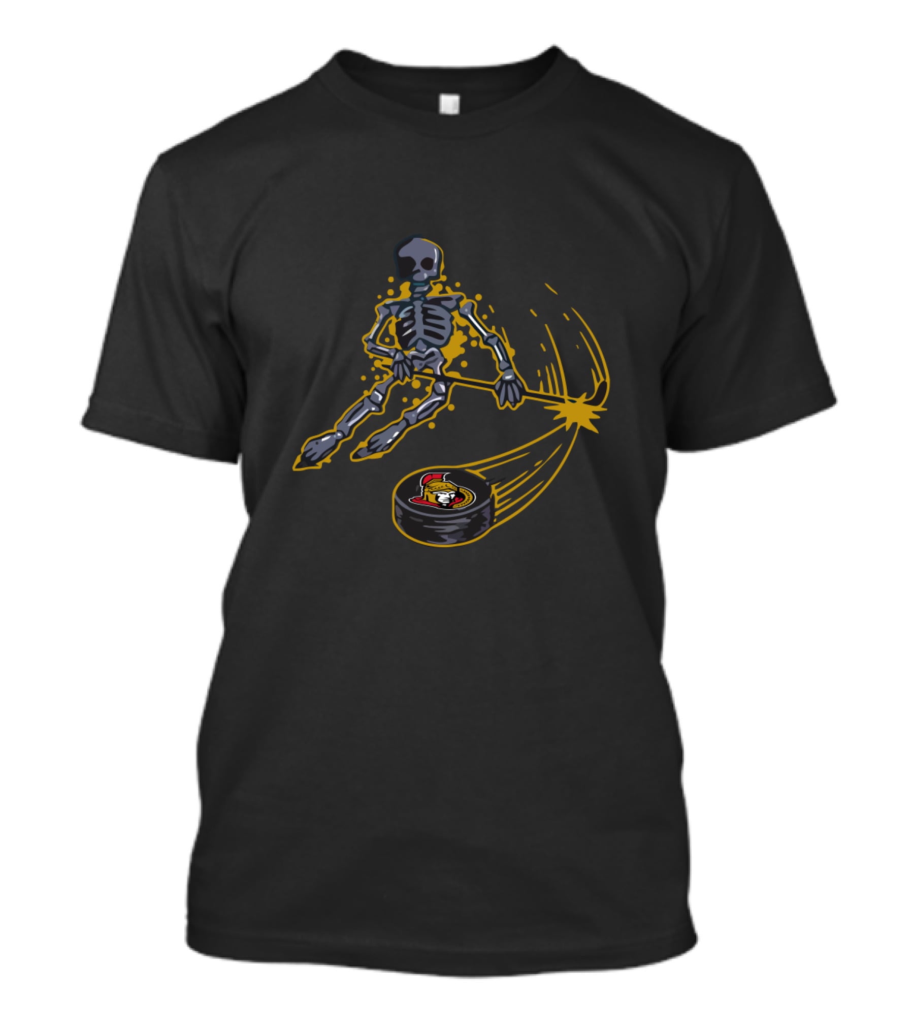 Skeleton Playing Ice Hockey With Ottawa Senators Logo Puck T-Shirt