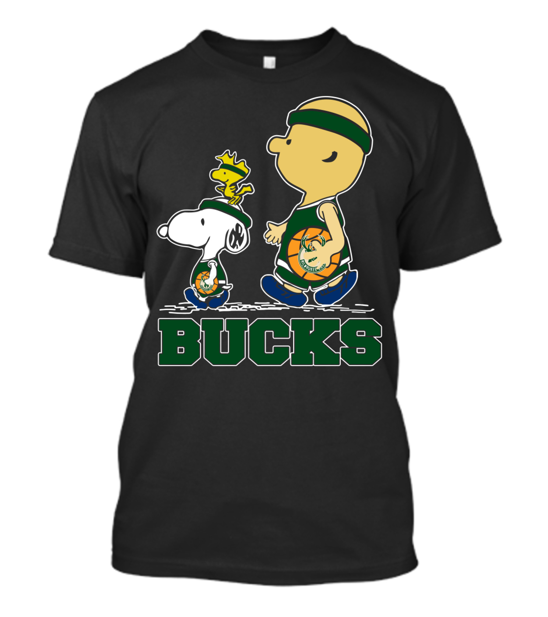 Snoopy Woodstock And Basketball Walking With Milwaukee Bucks Fans T-Shirt