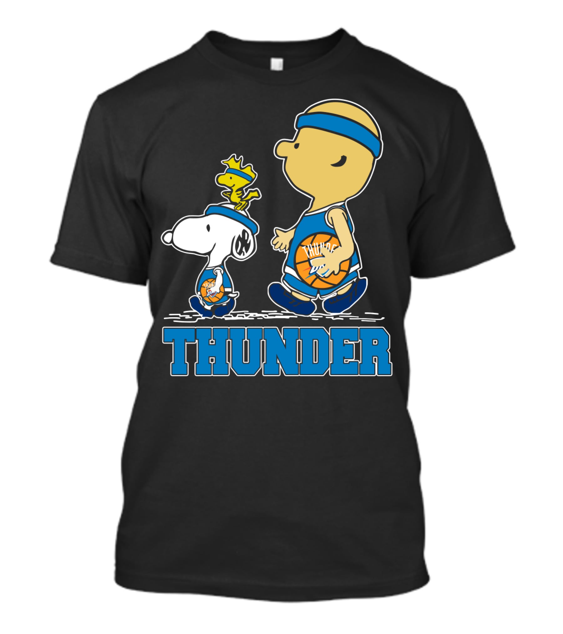 Snoopy And Oklahoma City Thunder Basketball Fans Walking With Woodstock T-Shirt
