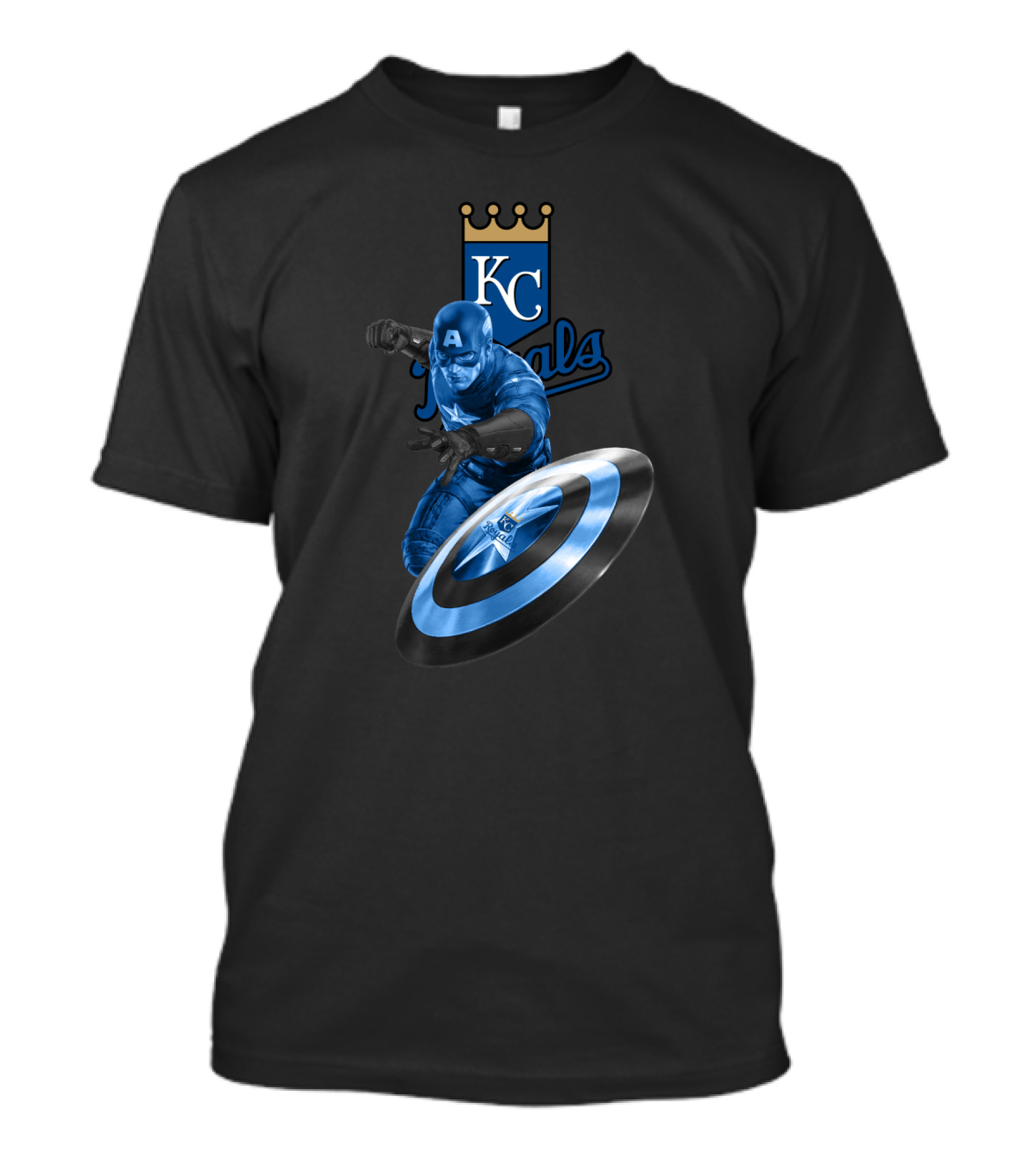 Kansas City Royals KC Logo Featuring Captain America Shield Design Blue T-Shirt