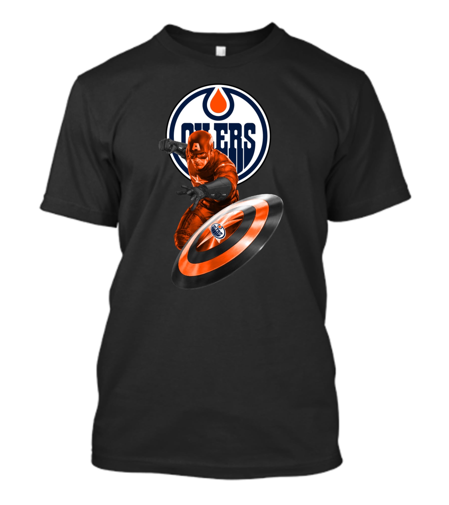 Edmonton Oilers Captain America Crossover With Shield Logo And Dynamic Pose T-Shirt