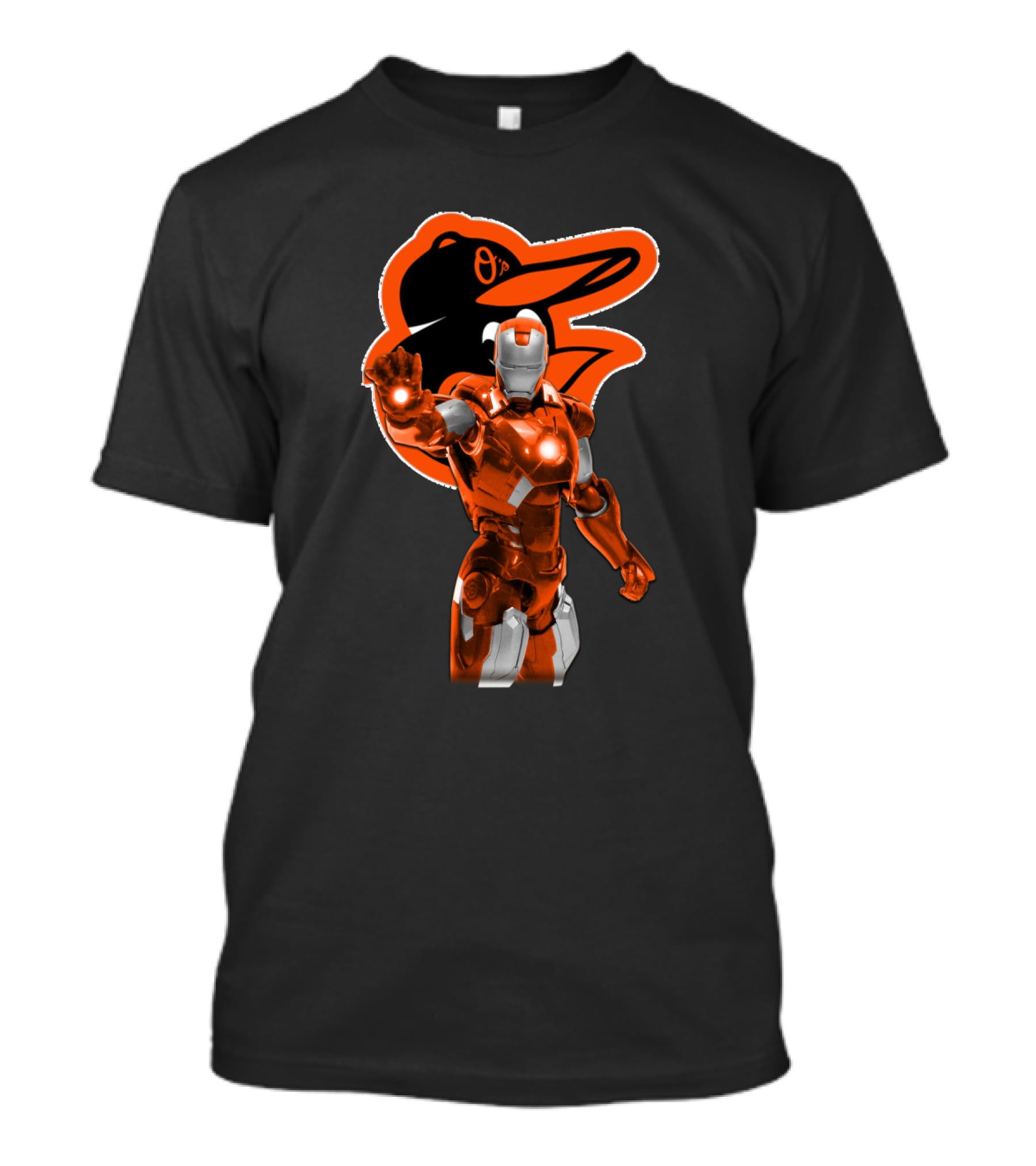 Iron Man Baltimore Orioles Crossover Featuring Iconic Orange Armor And Team Mascot T-Shirt