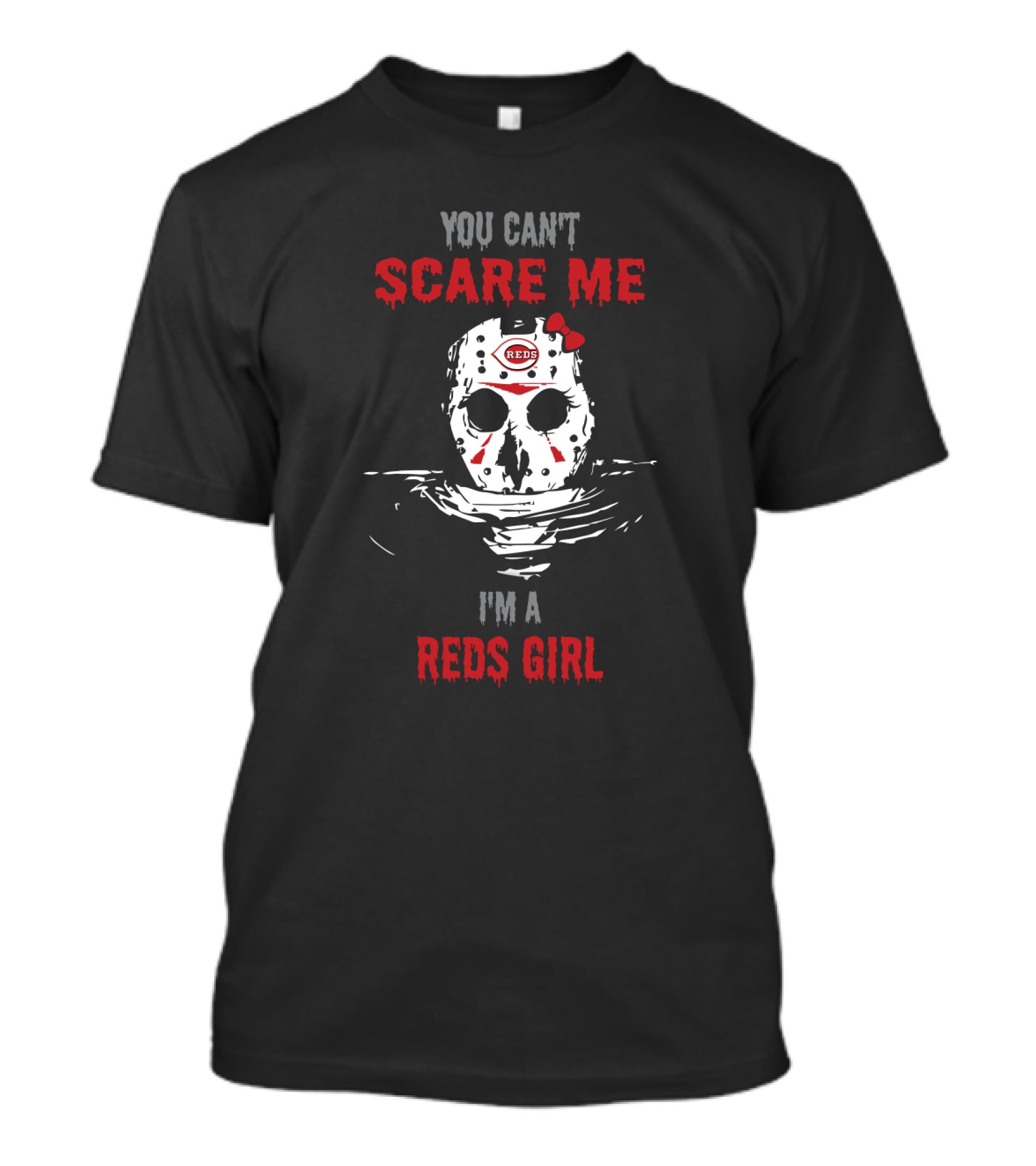 You Can't Scare Me I'm A Reds Girl Jason Voorhees Mask With Cincinnati Reds T-Shirt