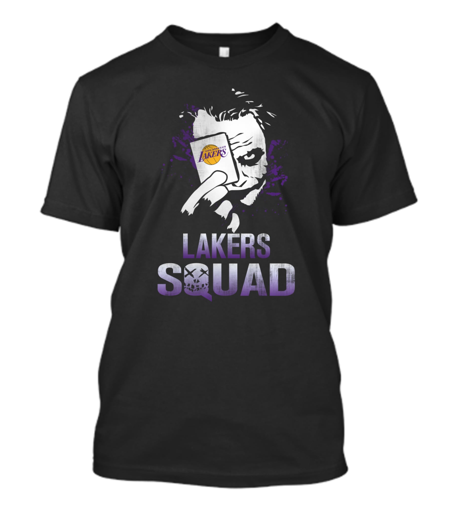 Joker Holding Lakers Card Above Lakers Squad T-Shirt