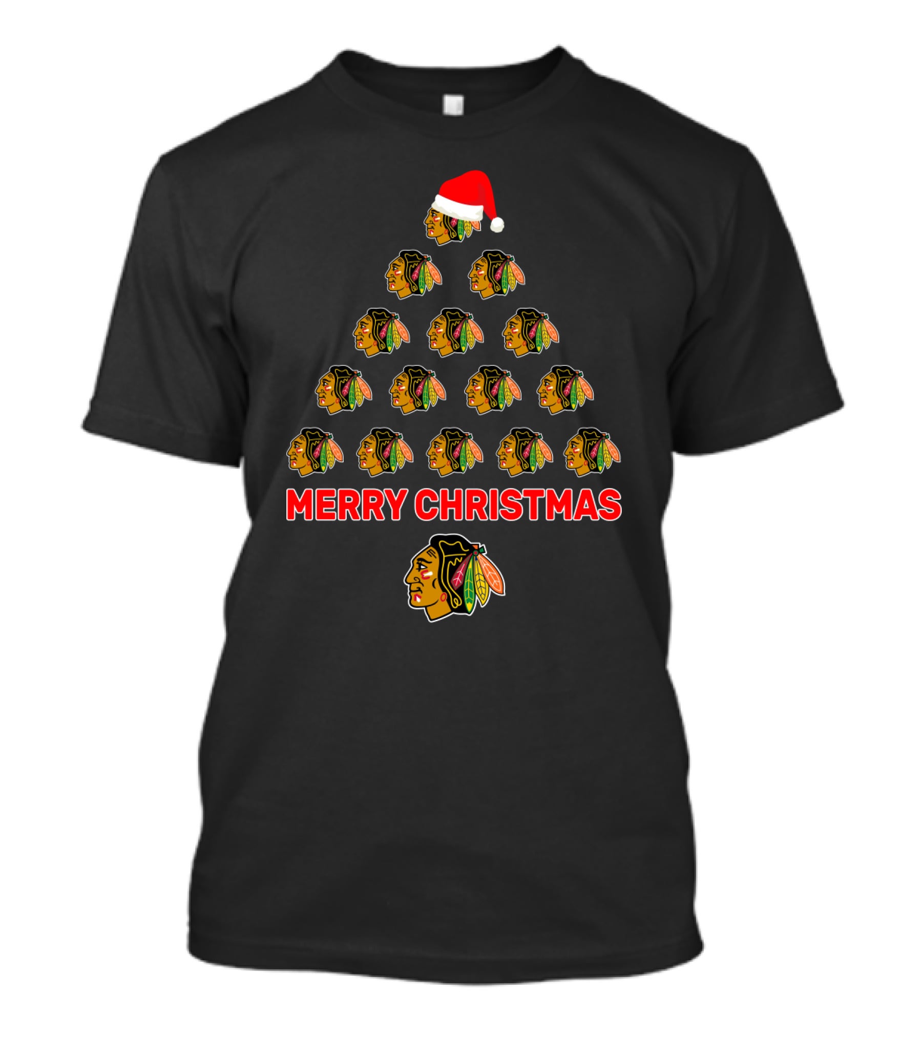 Merry Christmas Tree With Chicago Blackhawks Logos And Santa Hat T-Shirt