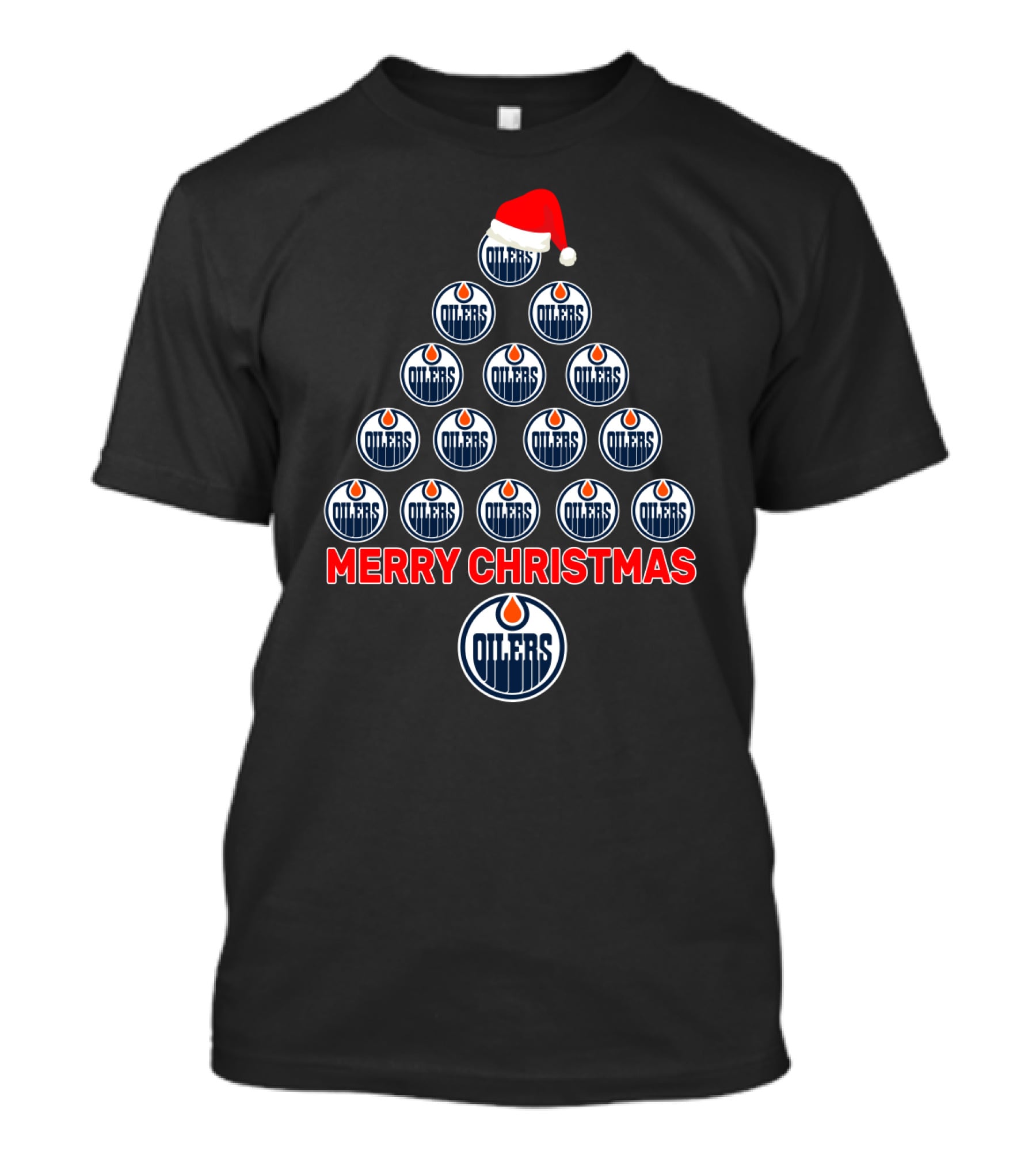 Merry Christmas Edmonton Oilers Tree With Santa Hat T-Shirt