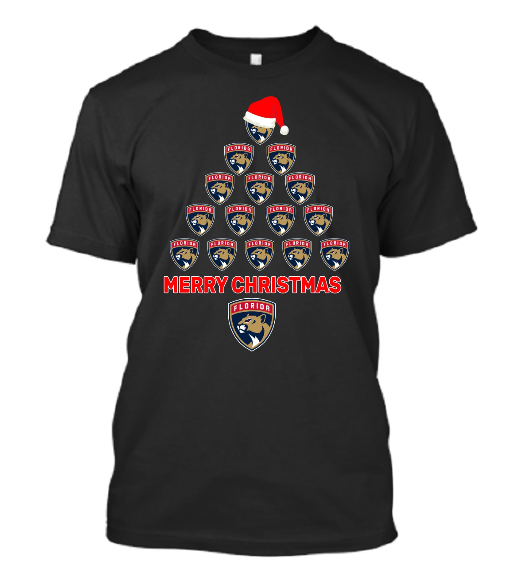 Merry Christmas Florida Panthers Tree With Logos And Santa Hat T-Shirt