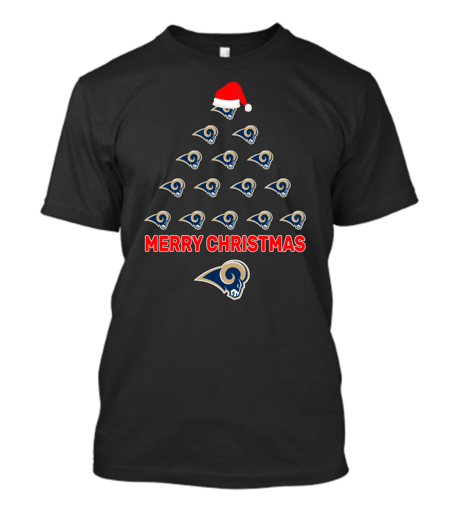 Merry Christmas Los Angeles Rams Holiday Tree With Santa Hat T-Shirt