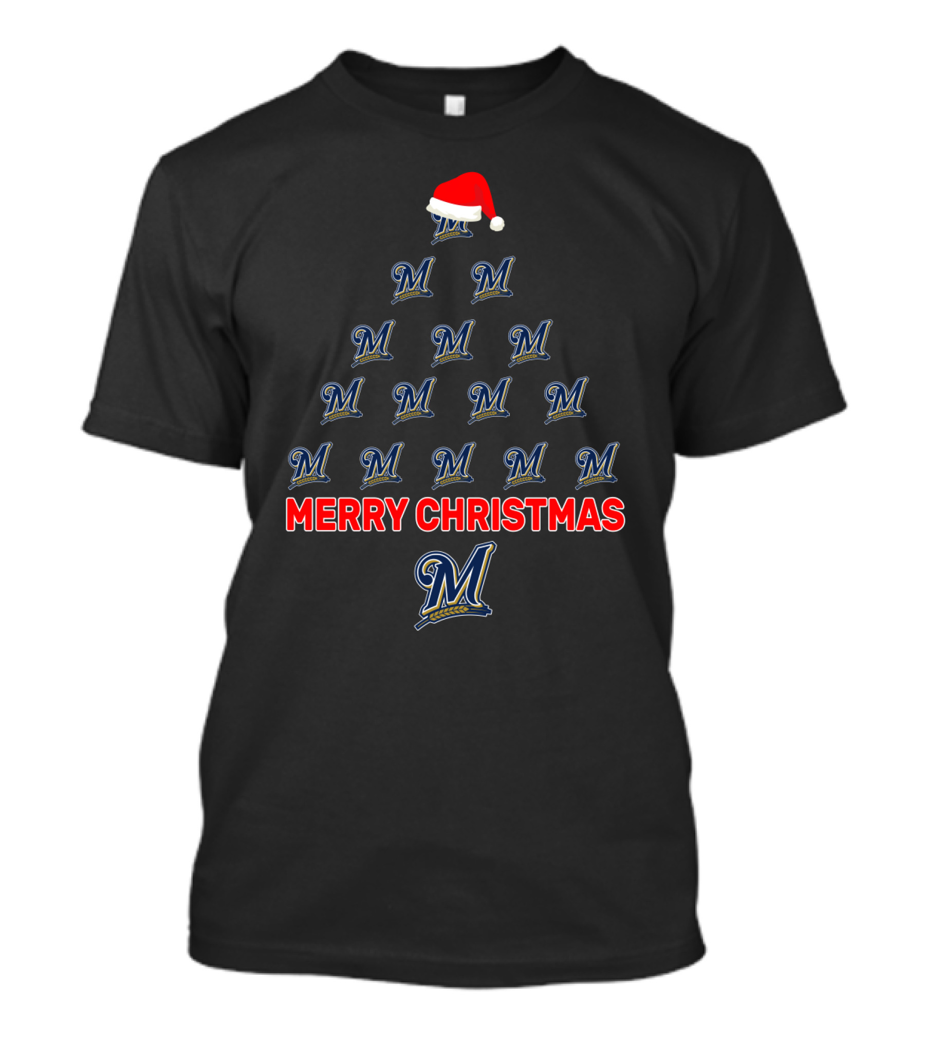 Milwaukee Brewers Merry Christmas Tree With Santa Hat T-Shirt