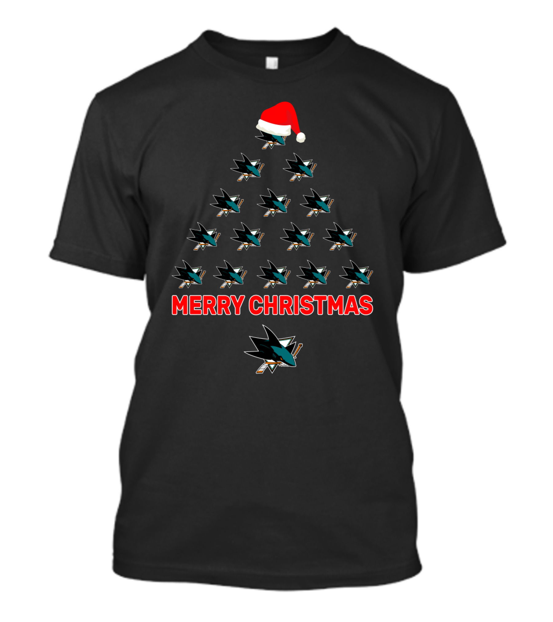 San Jose Sharks Logo Merry Christmas Tree With Santa Hat T-Shirt
