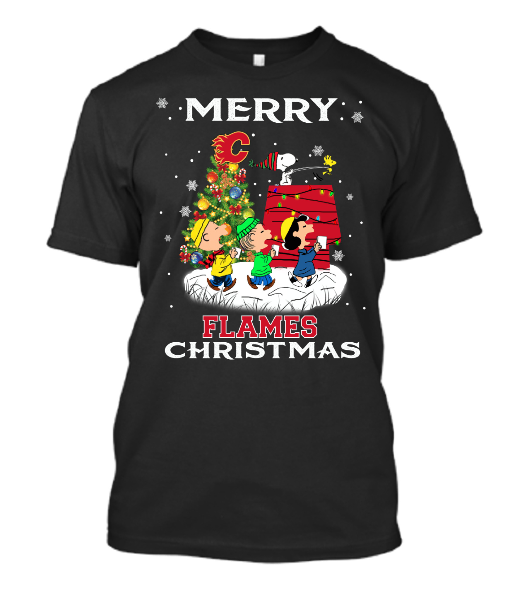 Merry Calgary Flames Christmas Snoopy Peanuts Tree T-Shirt
