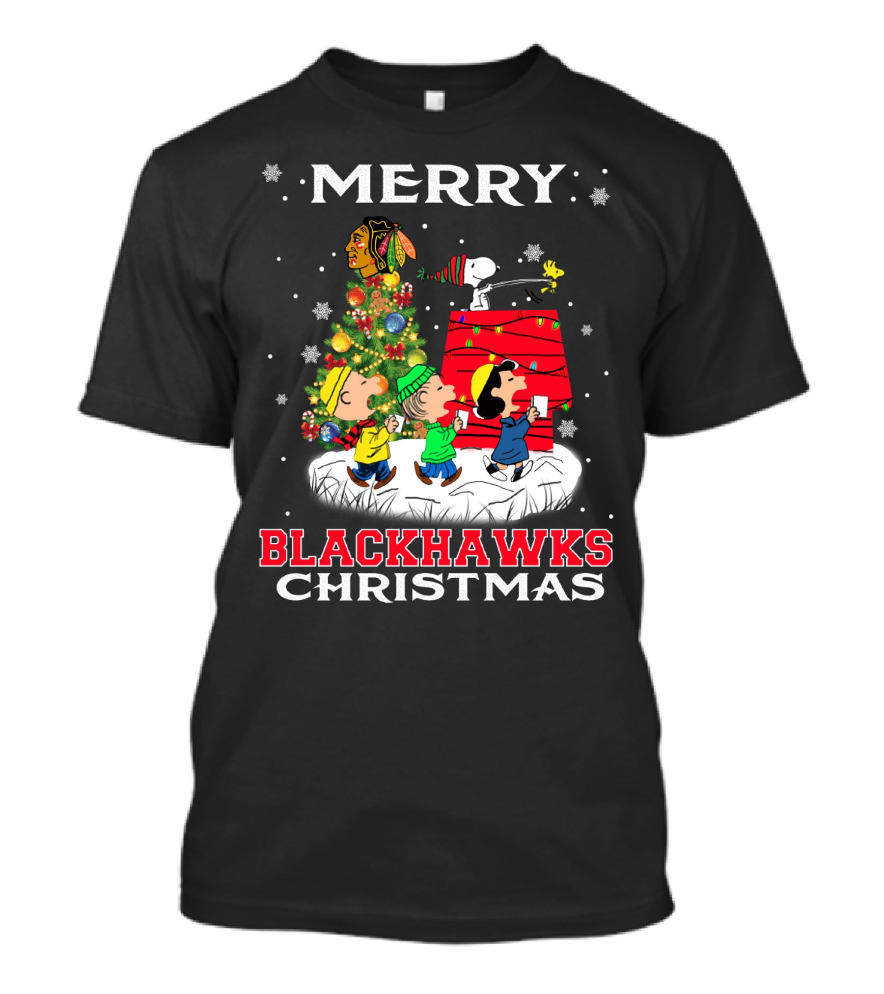 Merry Chicago Blackhawks Christmas With Snoopy And Friends T-Shirt