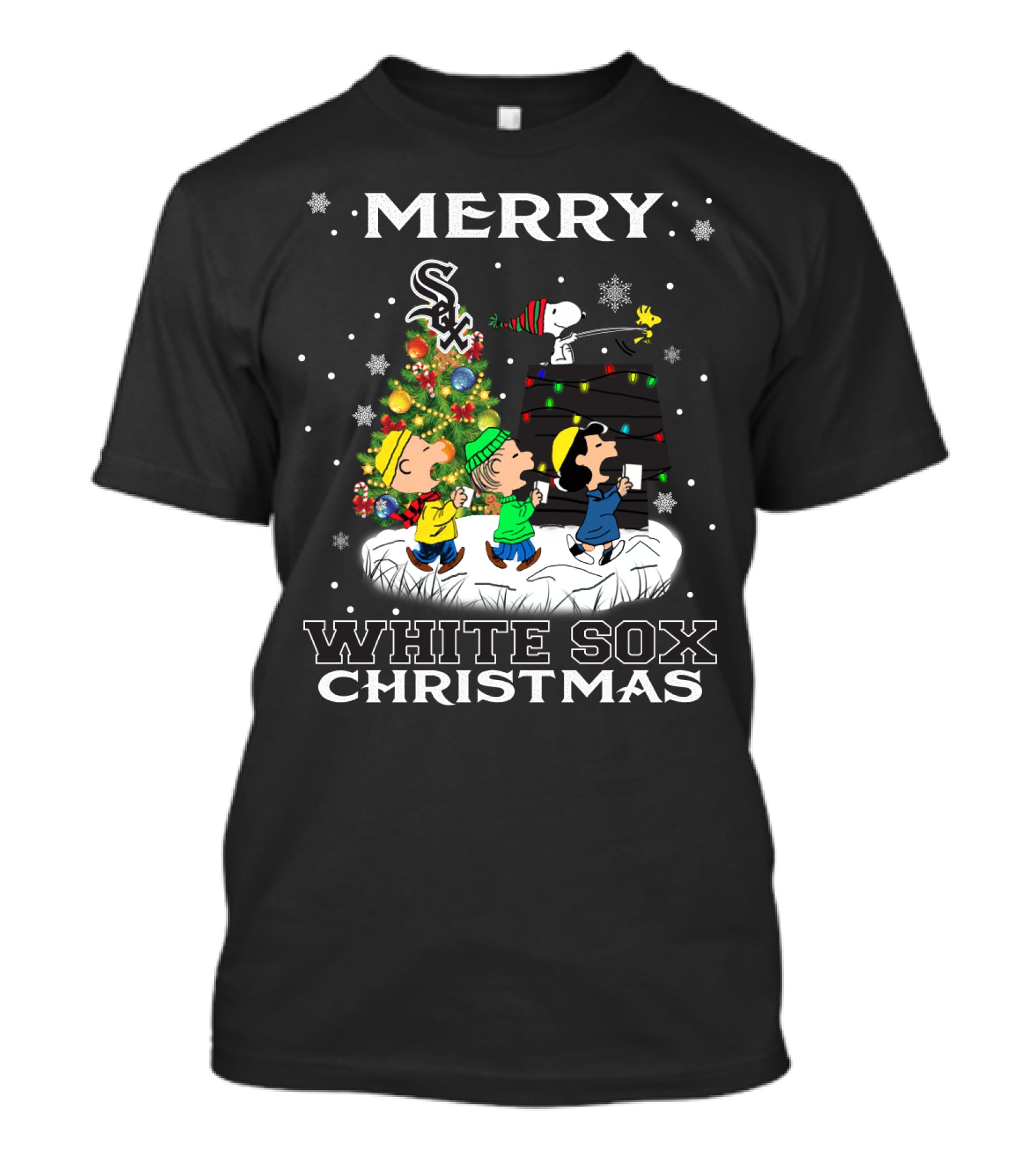 Merry Chicago White Sox Christmas For Snoopy Fans With Peanuts Characters T-Shirt