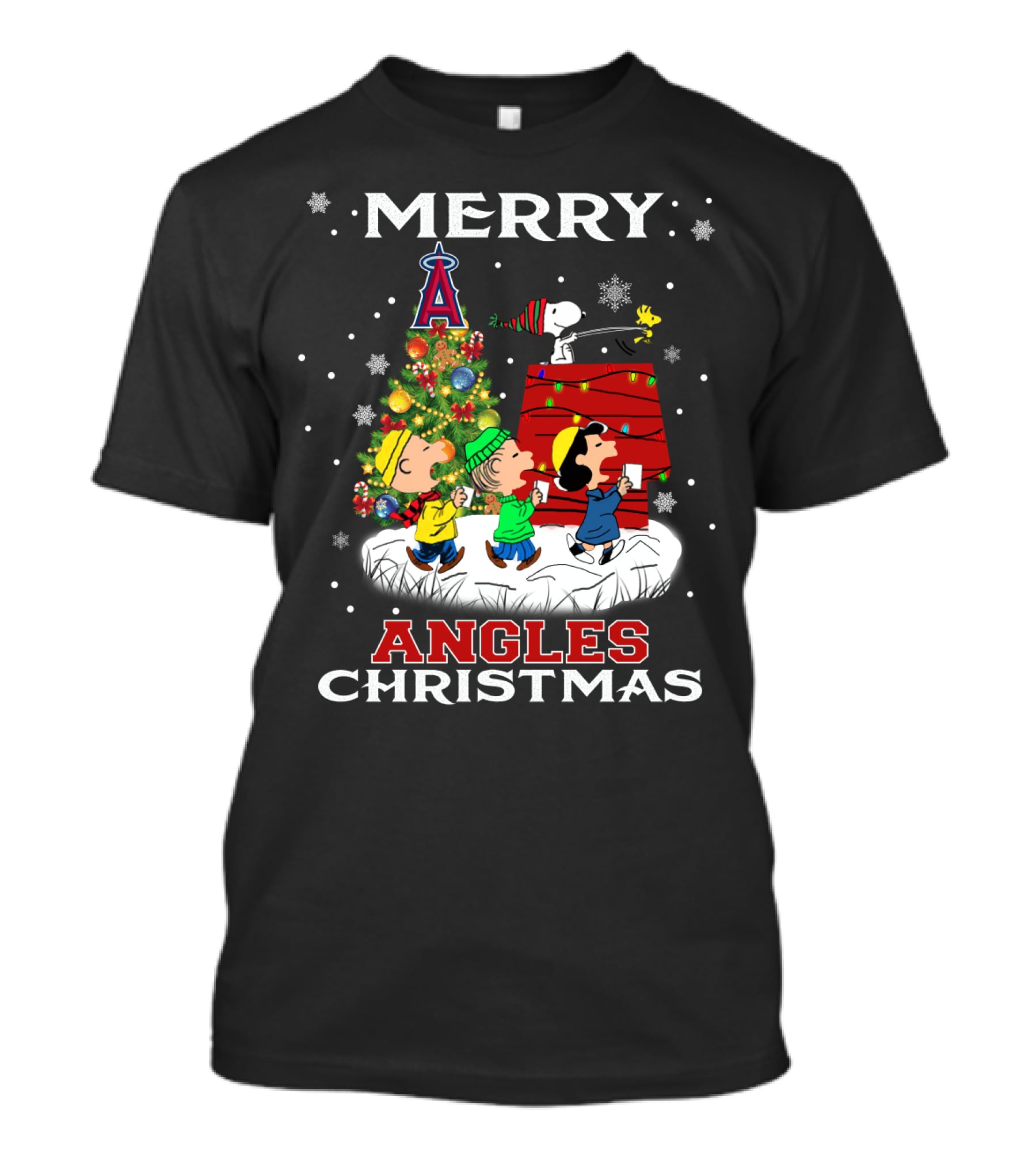 Merry Christmas Los Angeles Angels Snoopy Woodstock Charlie Brown Lucy Linus Fans T-Shirt