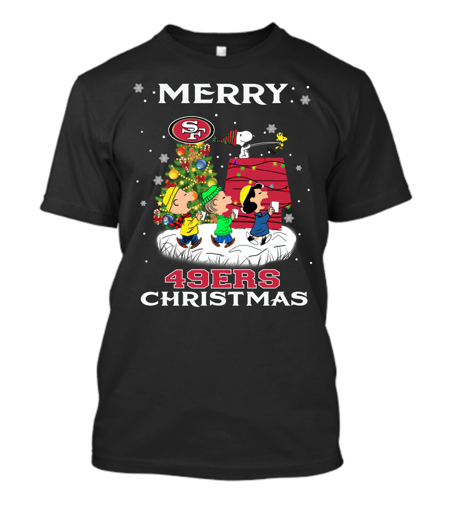 Merry 49ers Christmas Snoopy Peanuts Caroling Tree T-Shirt