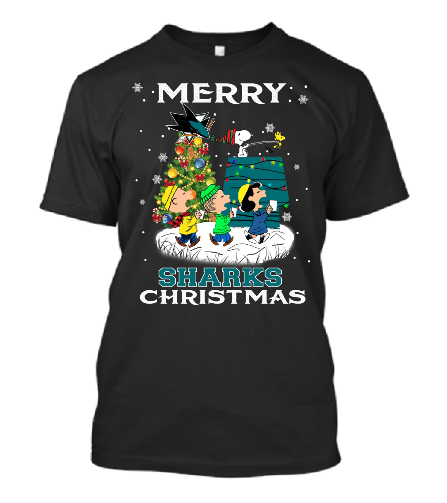 Merry San Jose Sharks Christmas With Snoopy And Peanuts Characters T-Shirt