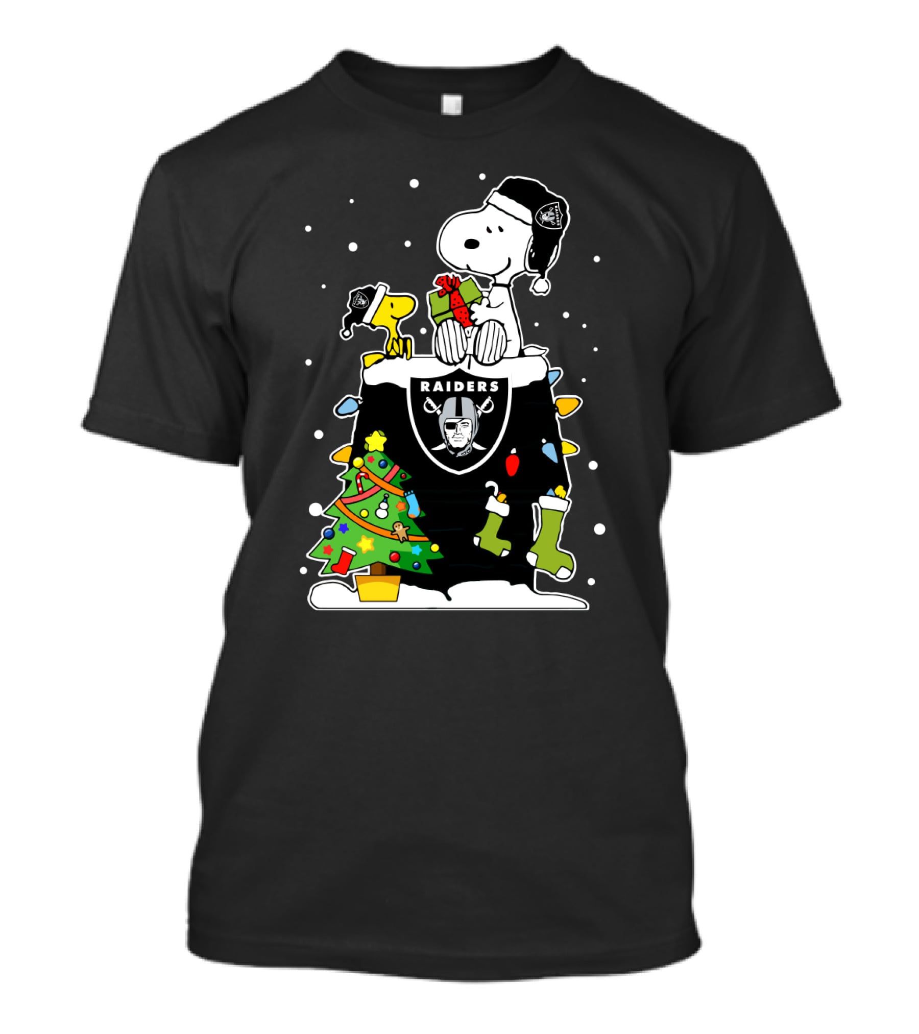Raiders Snoopy With Christmas Tree And Woodstock T-Shirt
