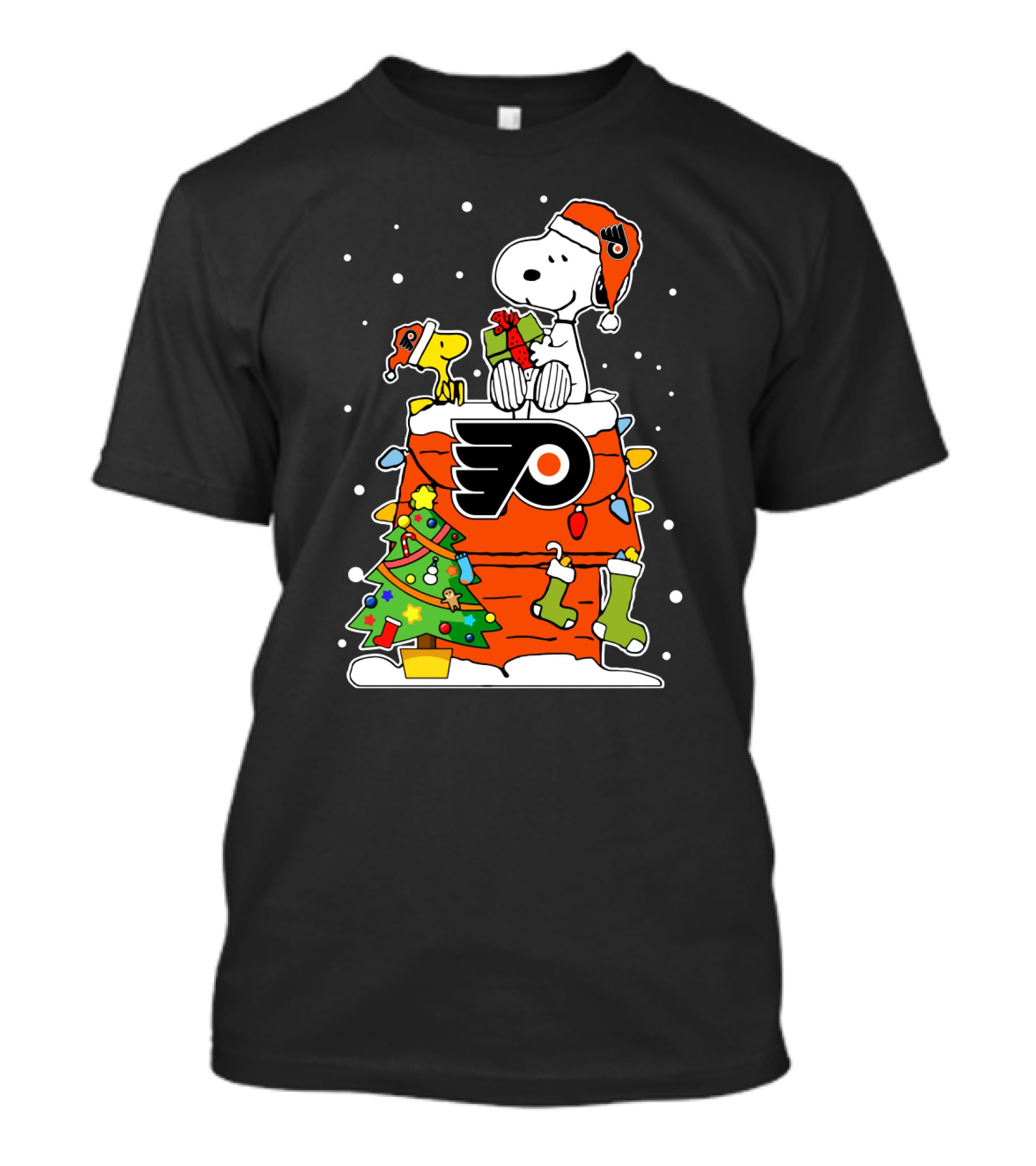 Snoopy Philadelphia Flyers Christmas Celebration With Woodstock And Gifts T-Shirt