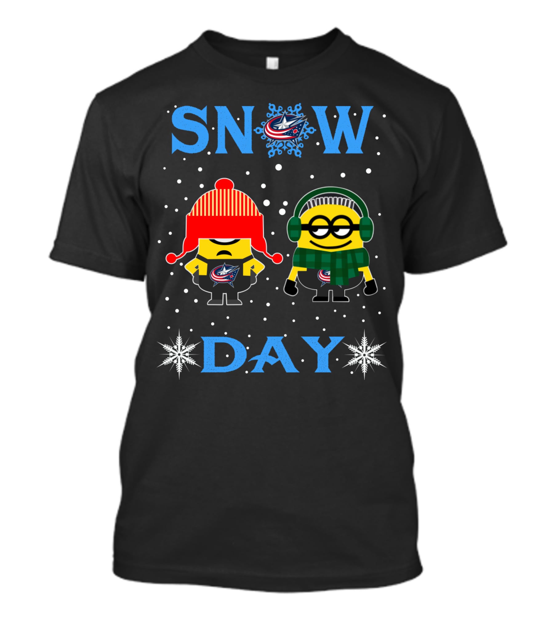 Snow Day For Columbus Blue Jackets Vs Minion With Winter Hats And Scarves T-Shirt