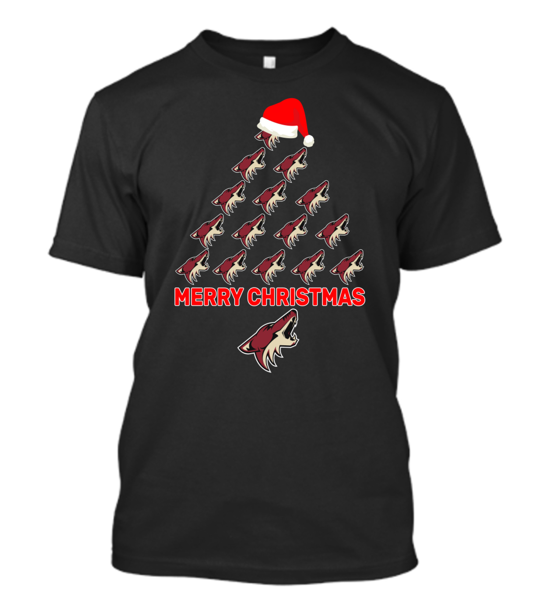 Merry Christmas Tree With Arizona Coyotes Logos And Santa Hat T-Shirt