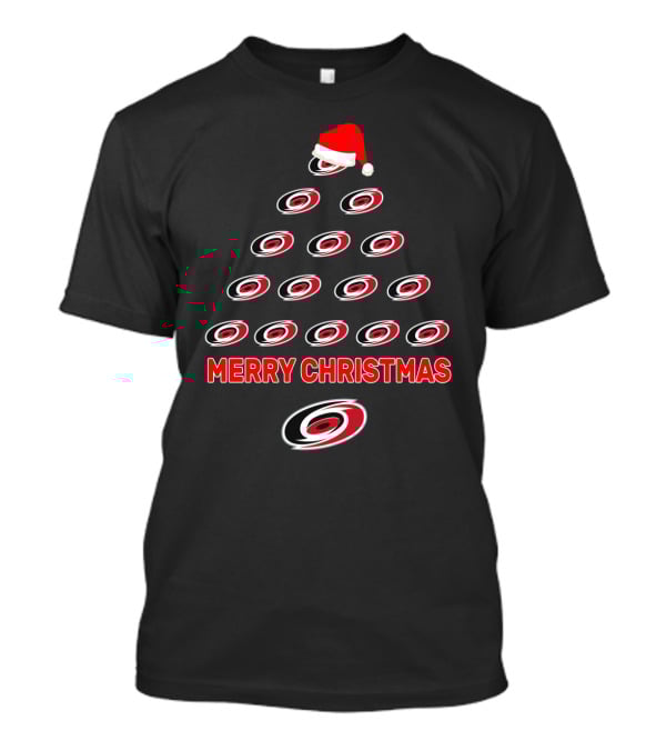 Merry Christmas Carolina Hurricanes Logo Christmas Tree With Santa Hat T-Shirt