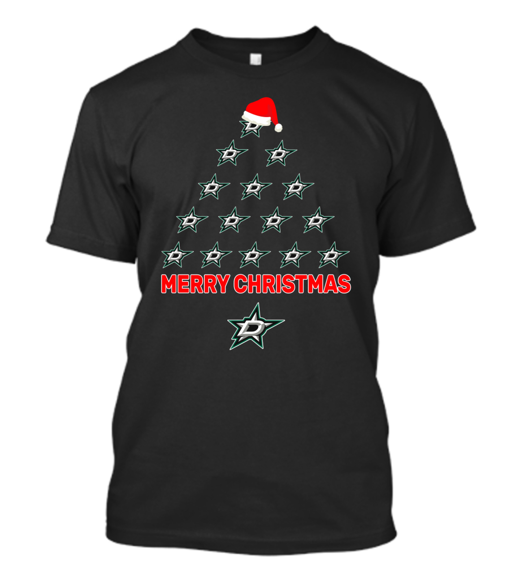 Dallas Stars Merry Christmas Tree With Santa Hat T-Shirt