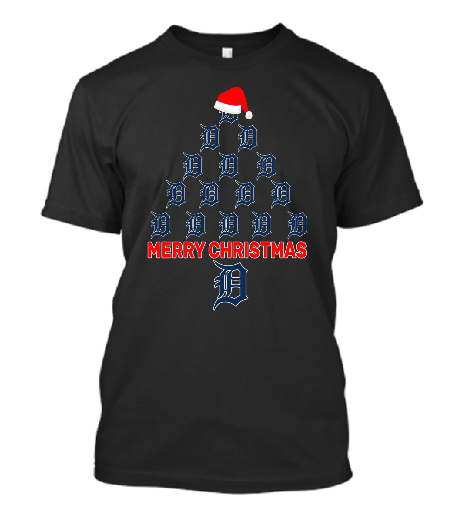 Merry Christmas Detroit Tigers Holiday Tree Design With Santa Hat T-Shirt