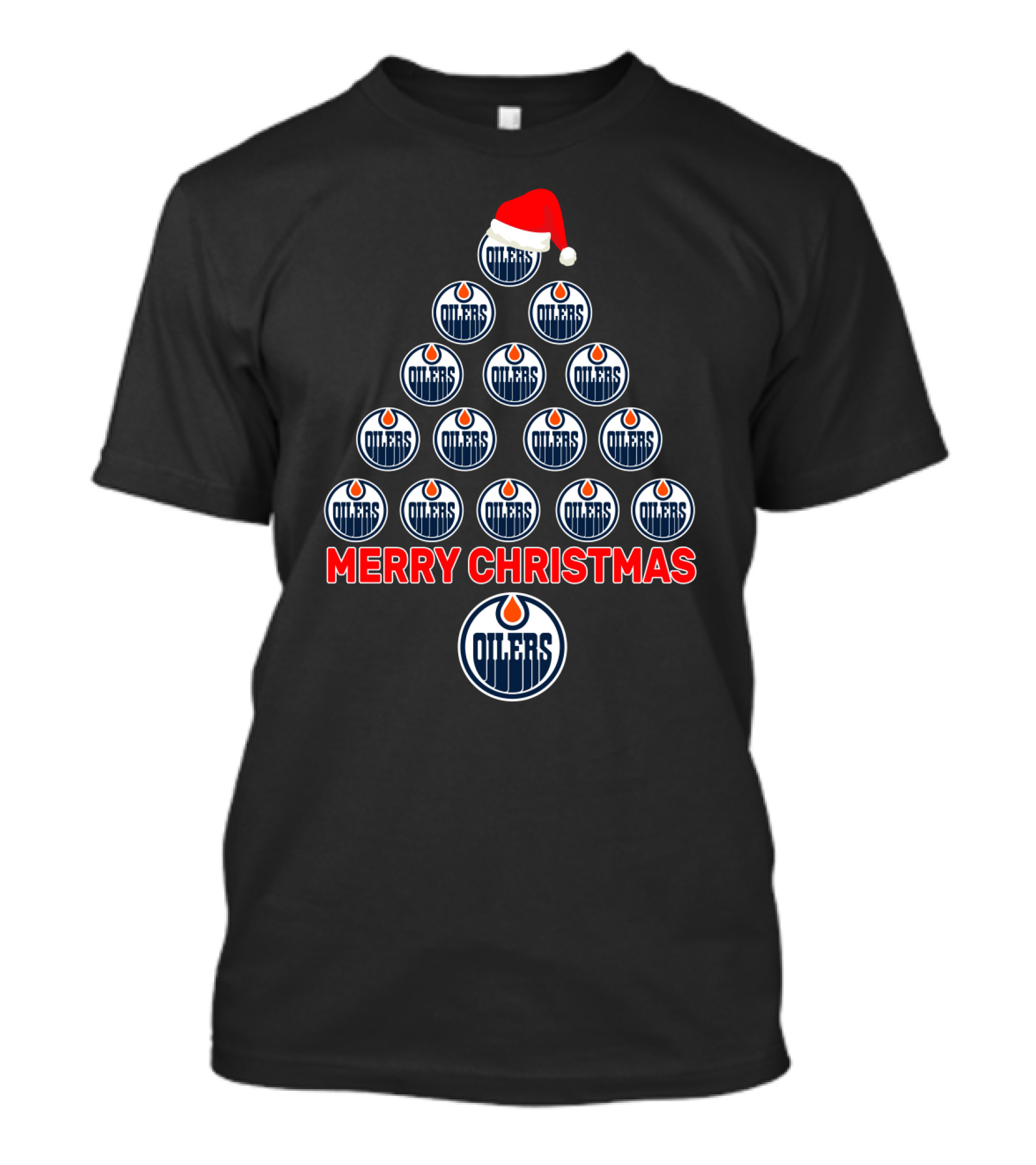 Merry Christmas Edmonton Oilers Tree With Logos And Santa Hat T-Shirt