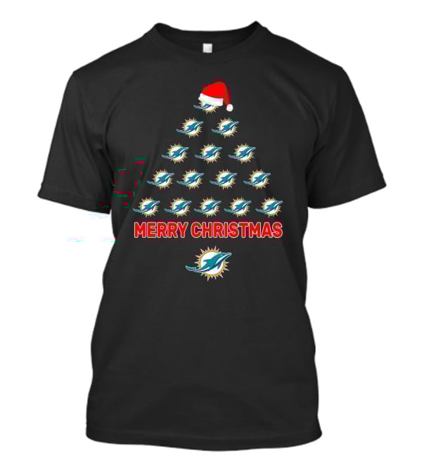 Merry Christmas Tree Miami Dolphins Logo Santa Hat T-Shirt