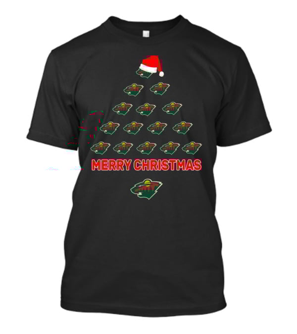 Minnesota Wild Merry Christmas Tree Design With Team Logos And Santa Hat T-Shirt