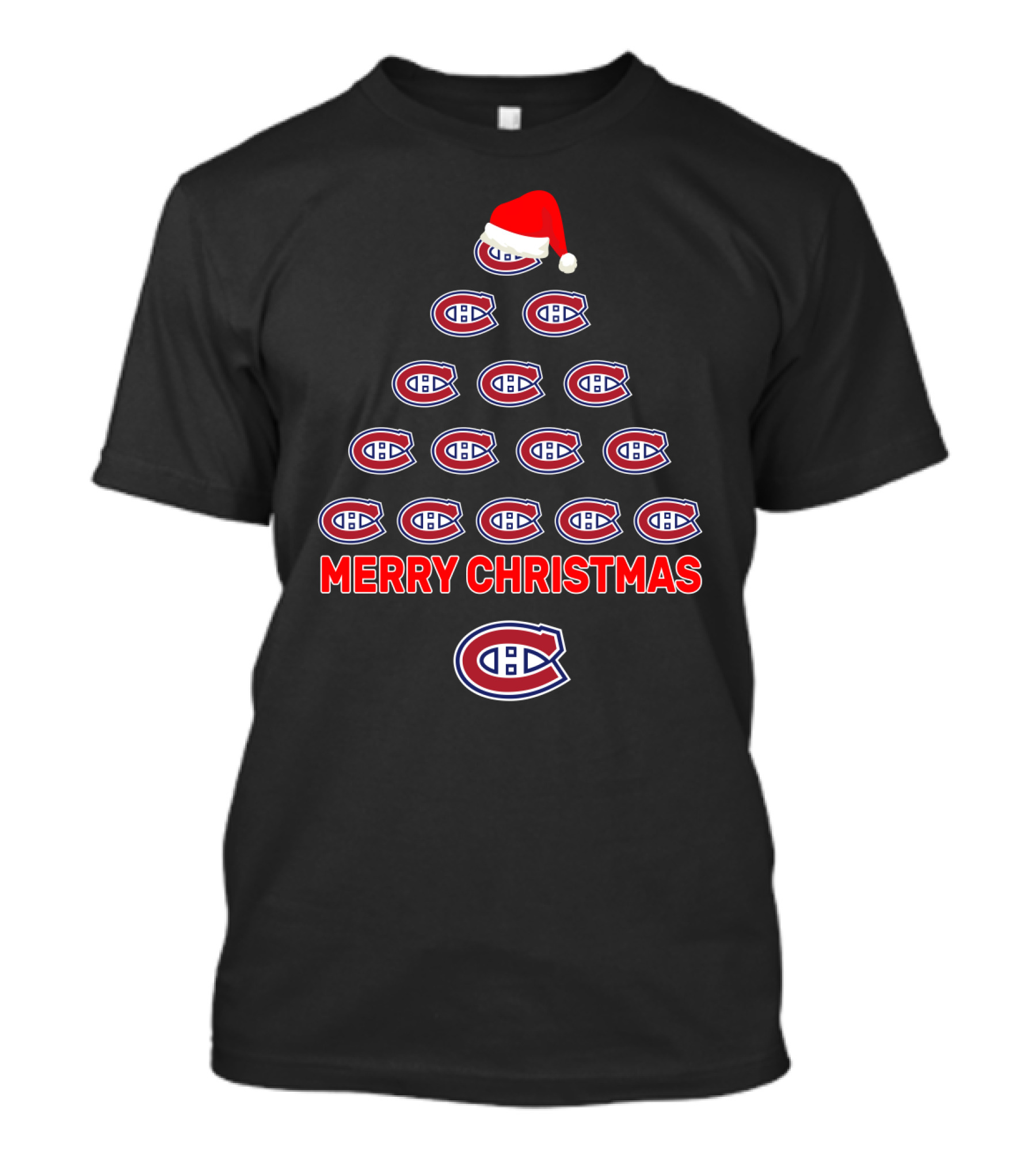 Merry Christmas Montreal Canadiens Tree With Logos And Santa Hat T-Shirt