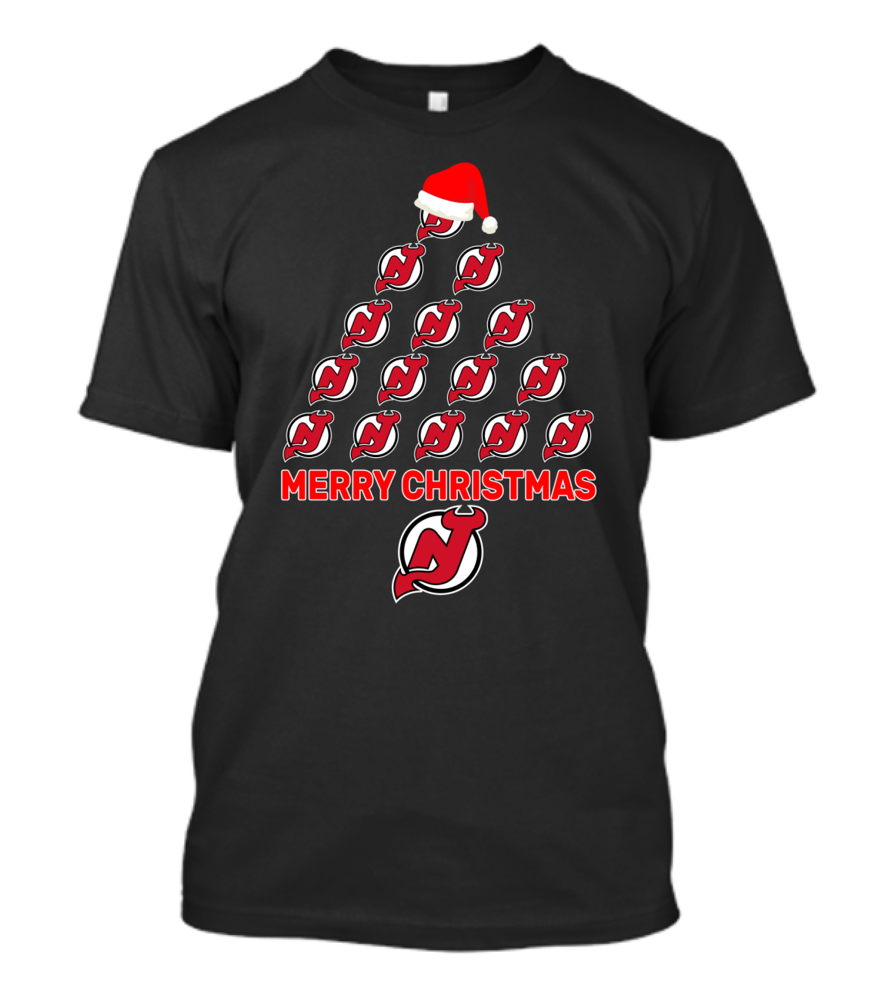 Merry Christmas New Jersey Devils Logo Tree With Santa Hat For Fans T-Shirt