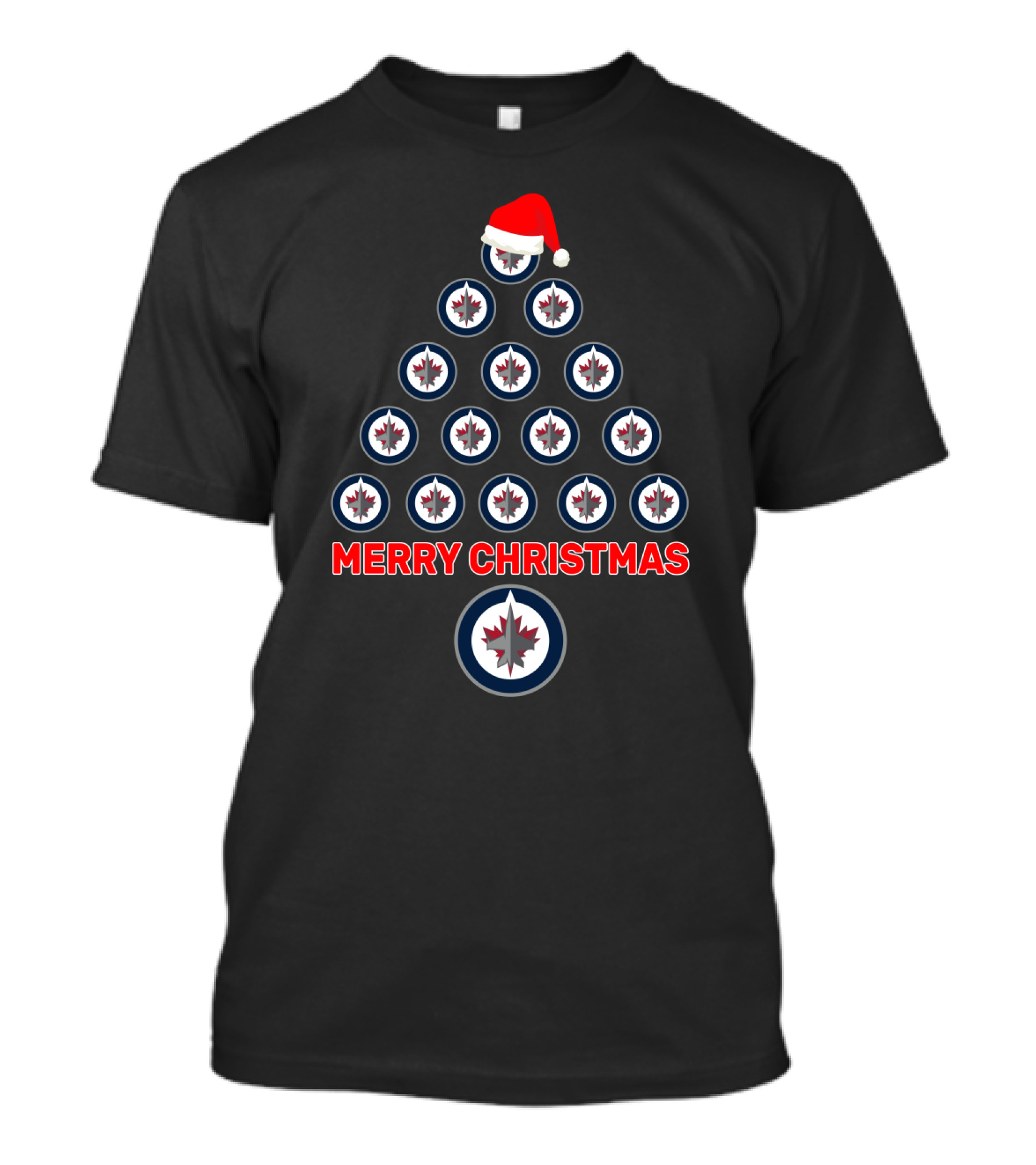 Merry Christmas Winnipeg Jets Themed Tree Design With Santa Hat T-Shirt