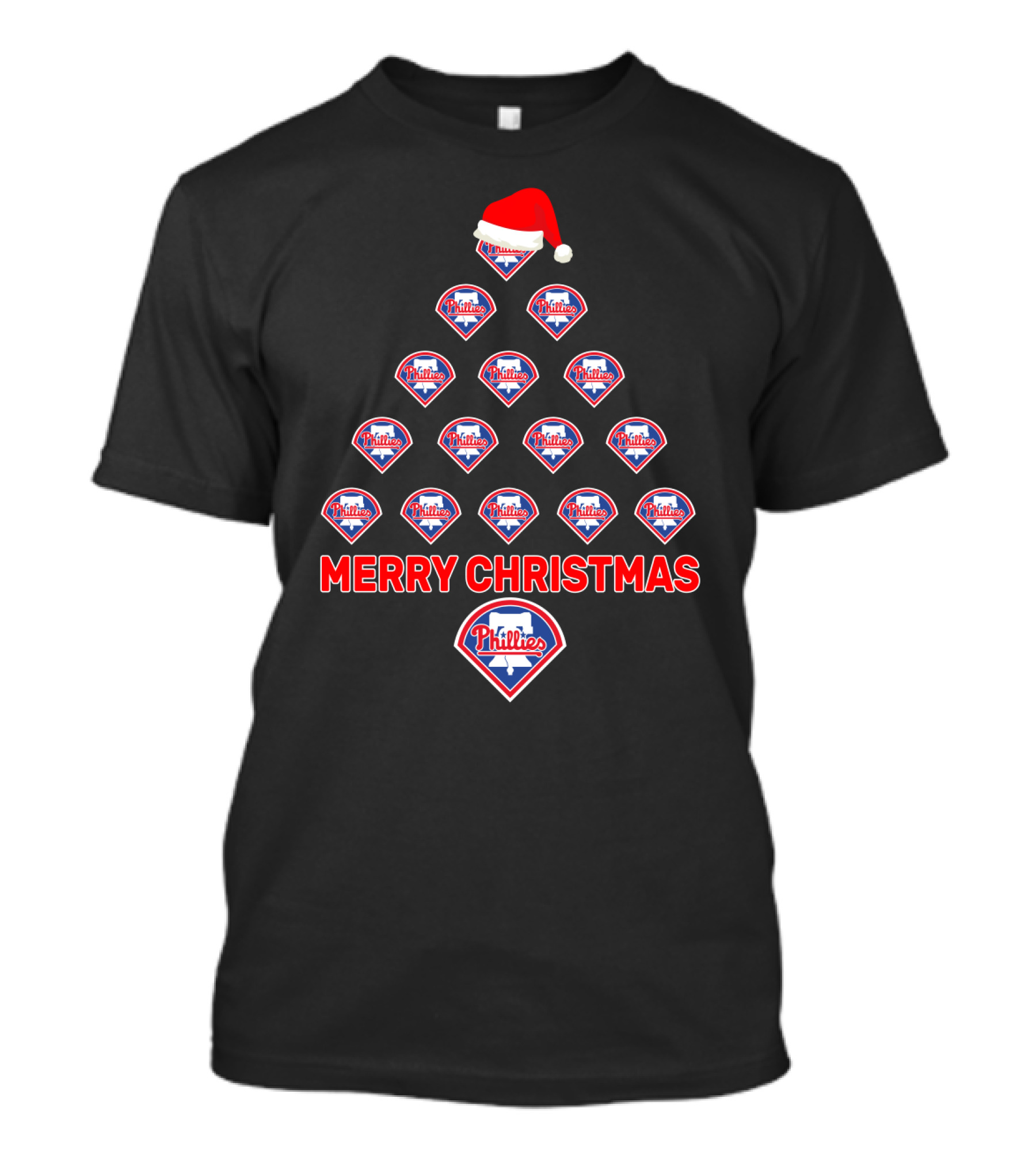 Philadelphia Phillies Logos Merry Christmas Tree With Santa Hat T-Shirt
