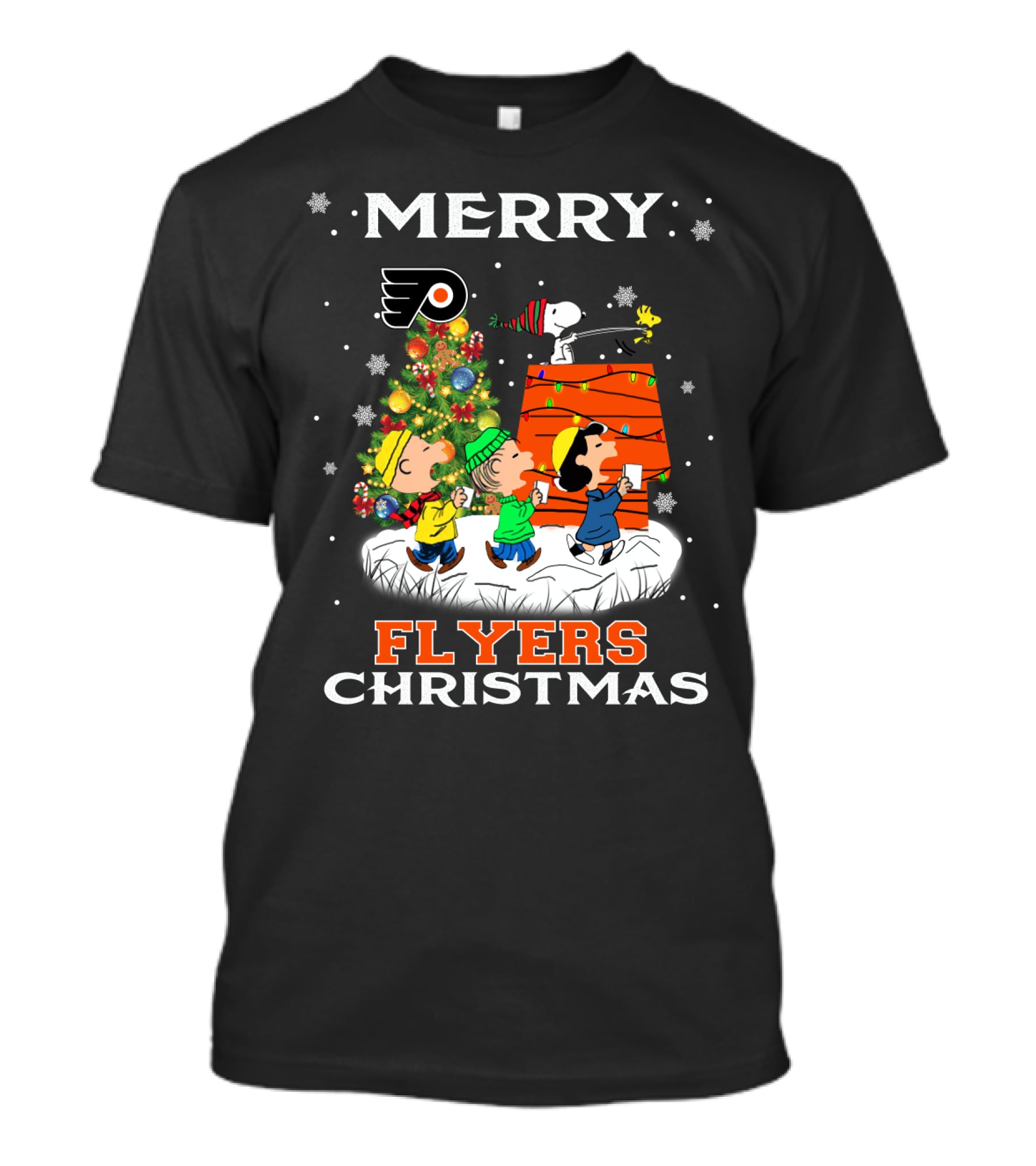 Merry Philadelphia Flyers Christmas Snoopy Peanuts Holiday Celebration Tree Woodstock T-Shirt