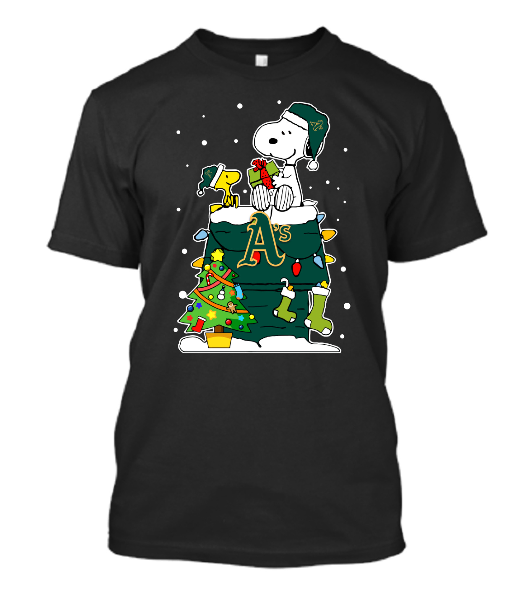 Snoopy Christmas Oakland Athletics Festive Scene With Woodstock And Gifts T-Shirt