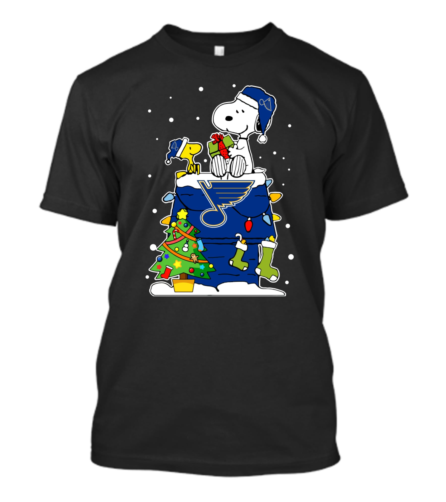 St. Louis Blues Snoopy Christmas Doghouse Scene With Woodstock And Gifts T-Shirt