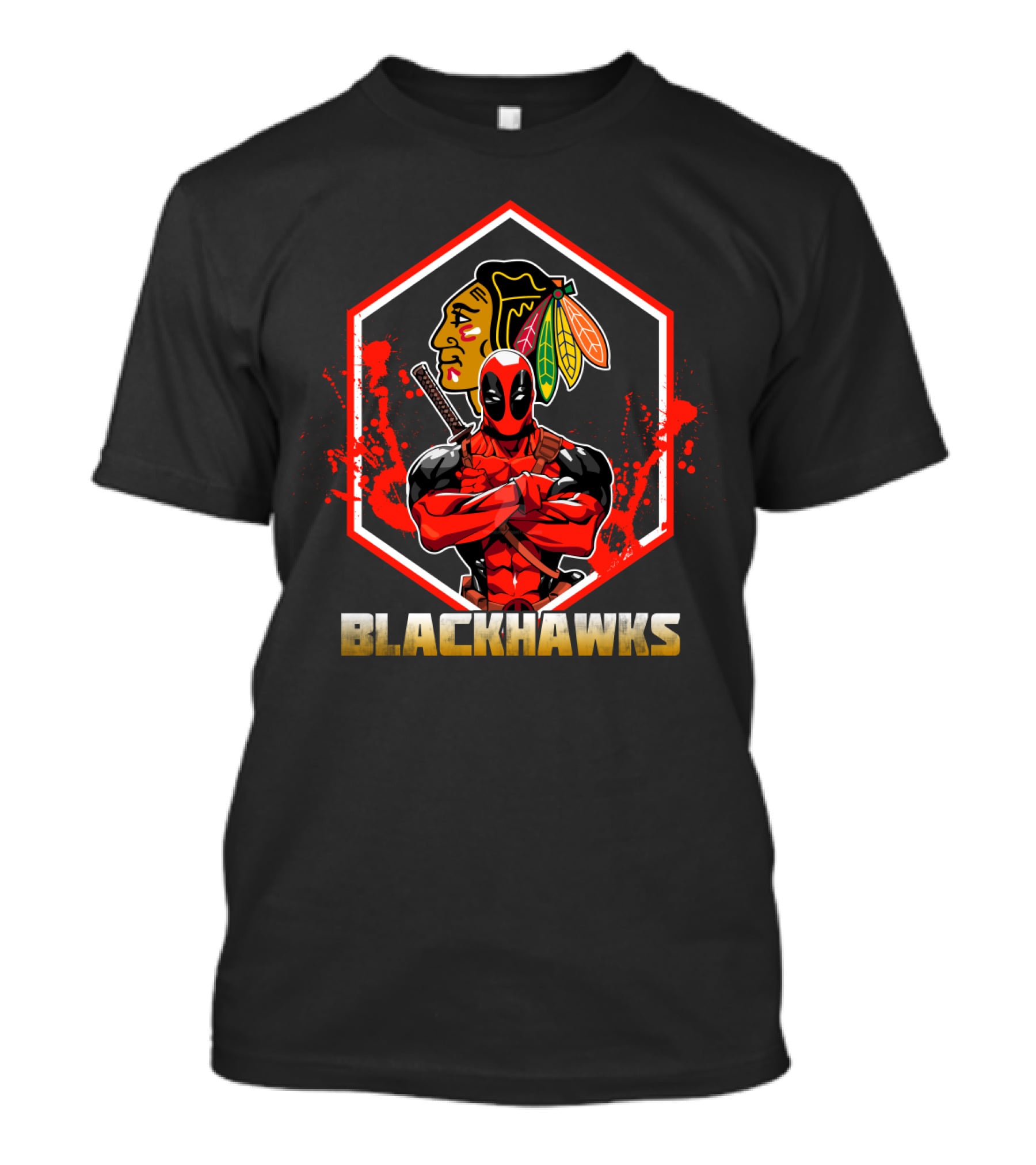 Deadpool With Chicago Blackhawks Logo Embrace T-Shirt