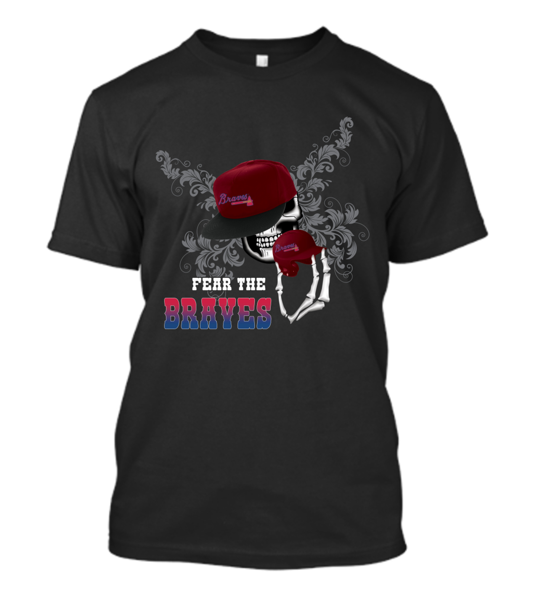 Fear The Braves Skull With Hat And Skeleton Hand T-Shirt